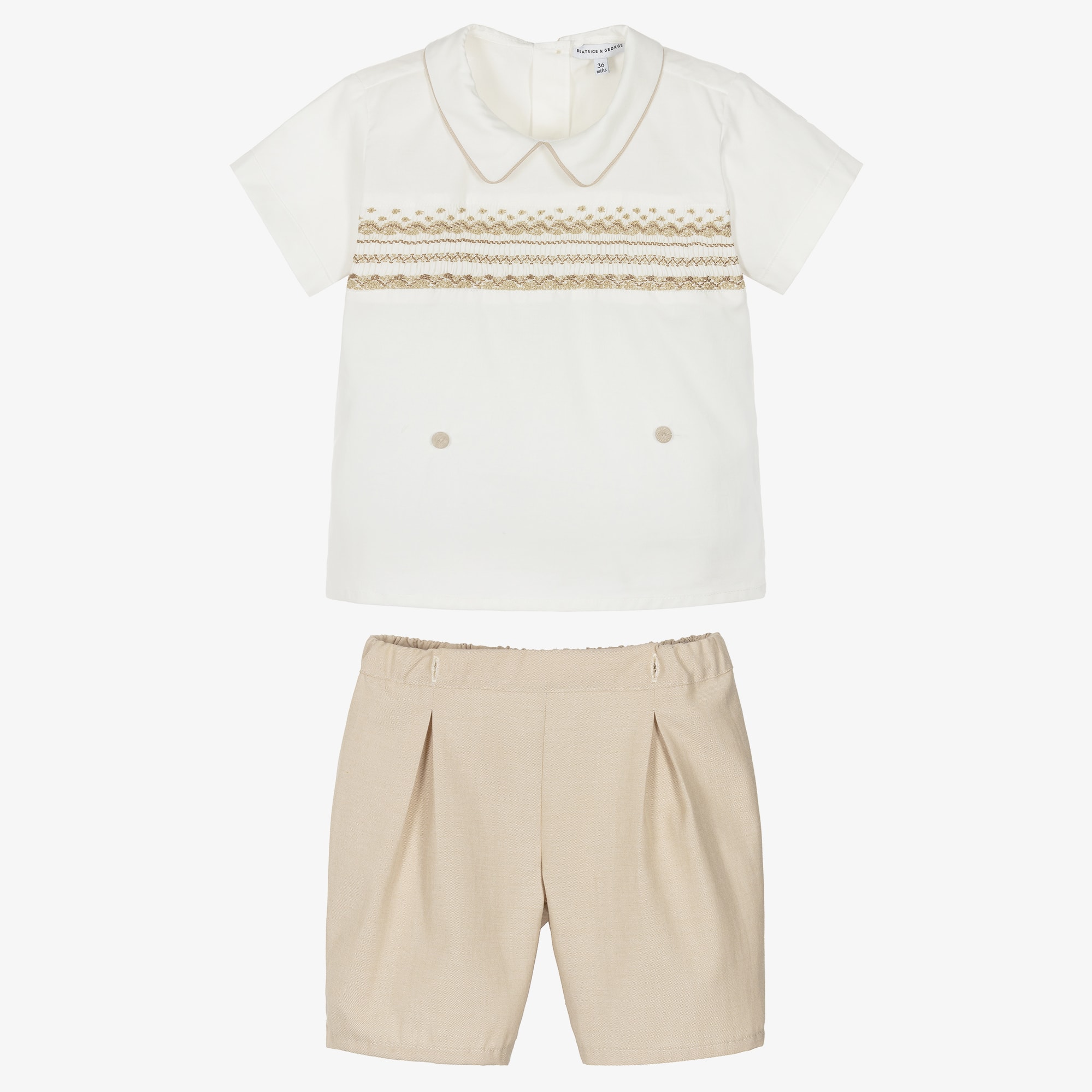 Boys Beige Hand-Smocked Cotton Buster Suit - View 3