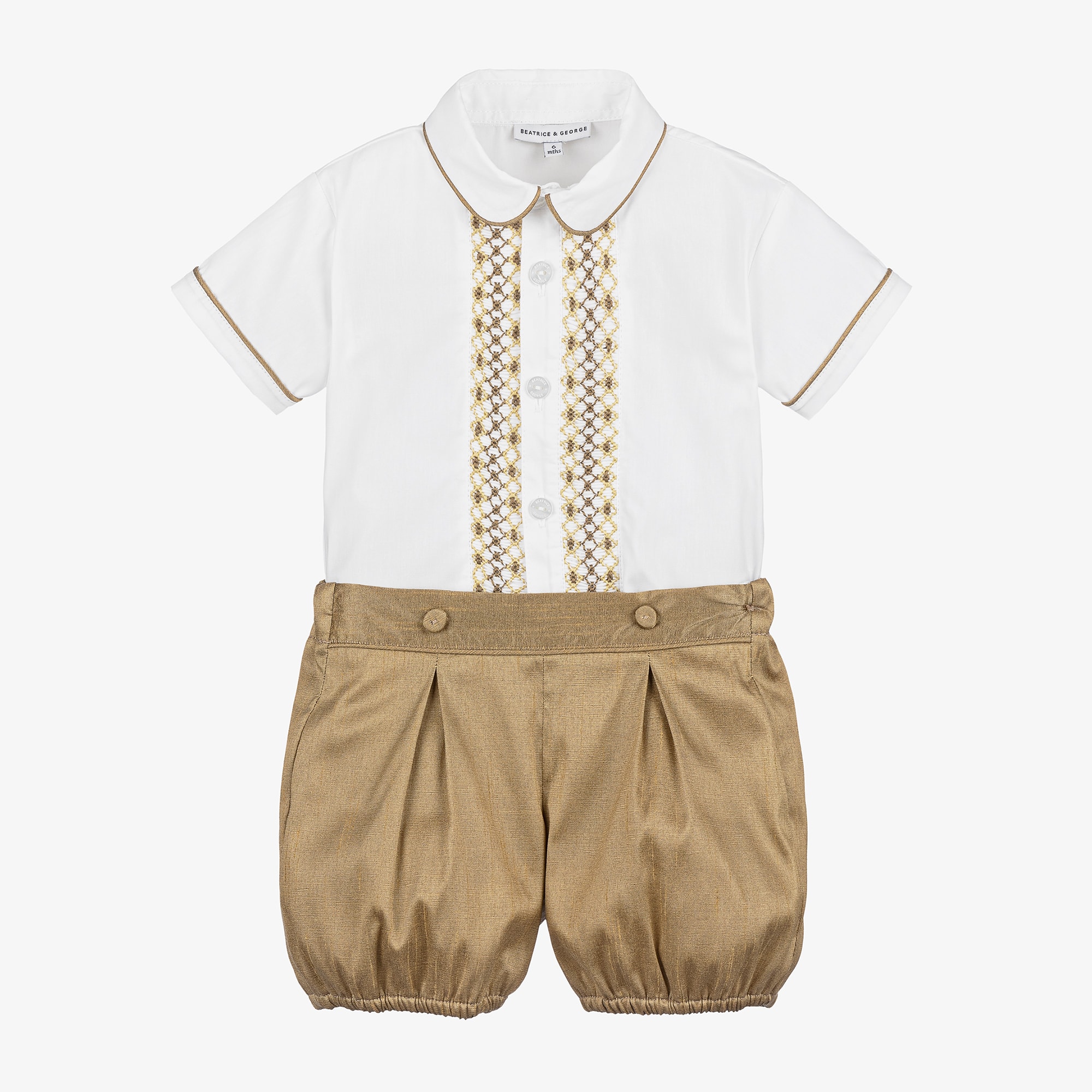 Boys Gold Hand-Smocked Dupion Buster Suit - View 1