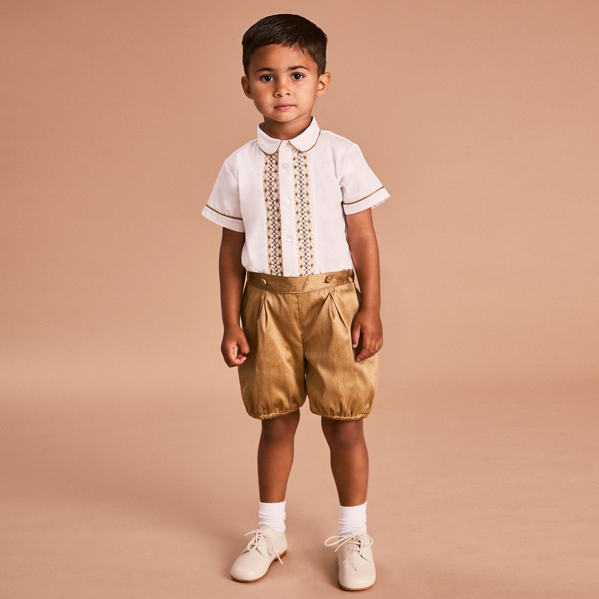 Boys Gold Hand-Smocked Dupion Buster Suit - View 2
