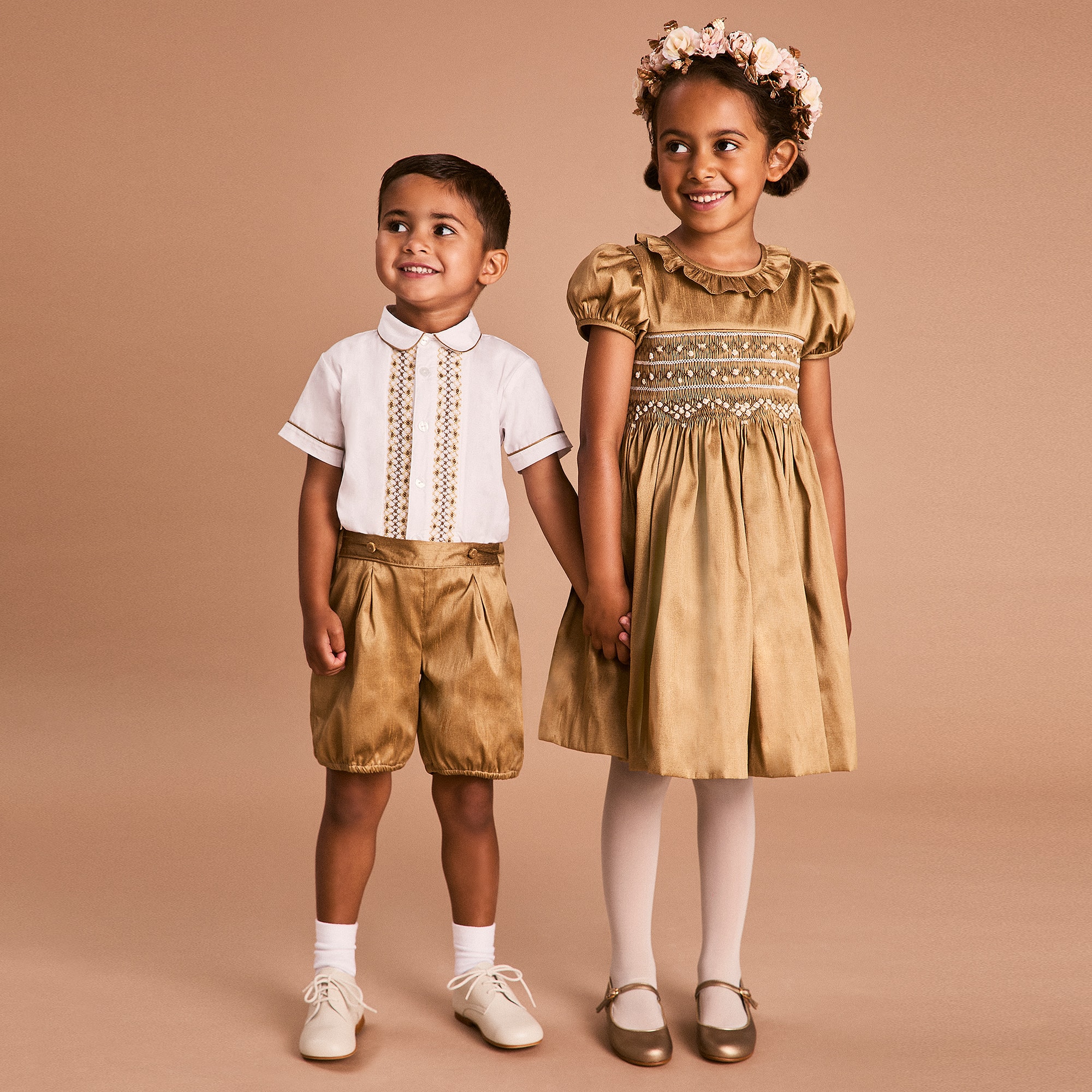 Boys Gold Hand-Smocked Dupion Buster Suit - View 5