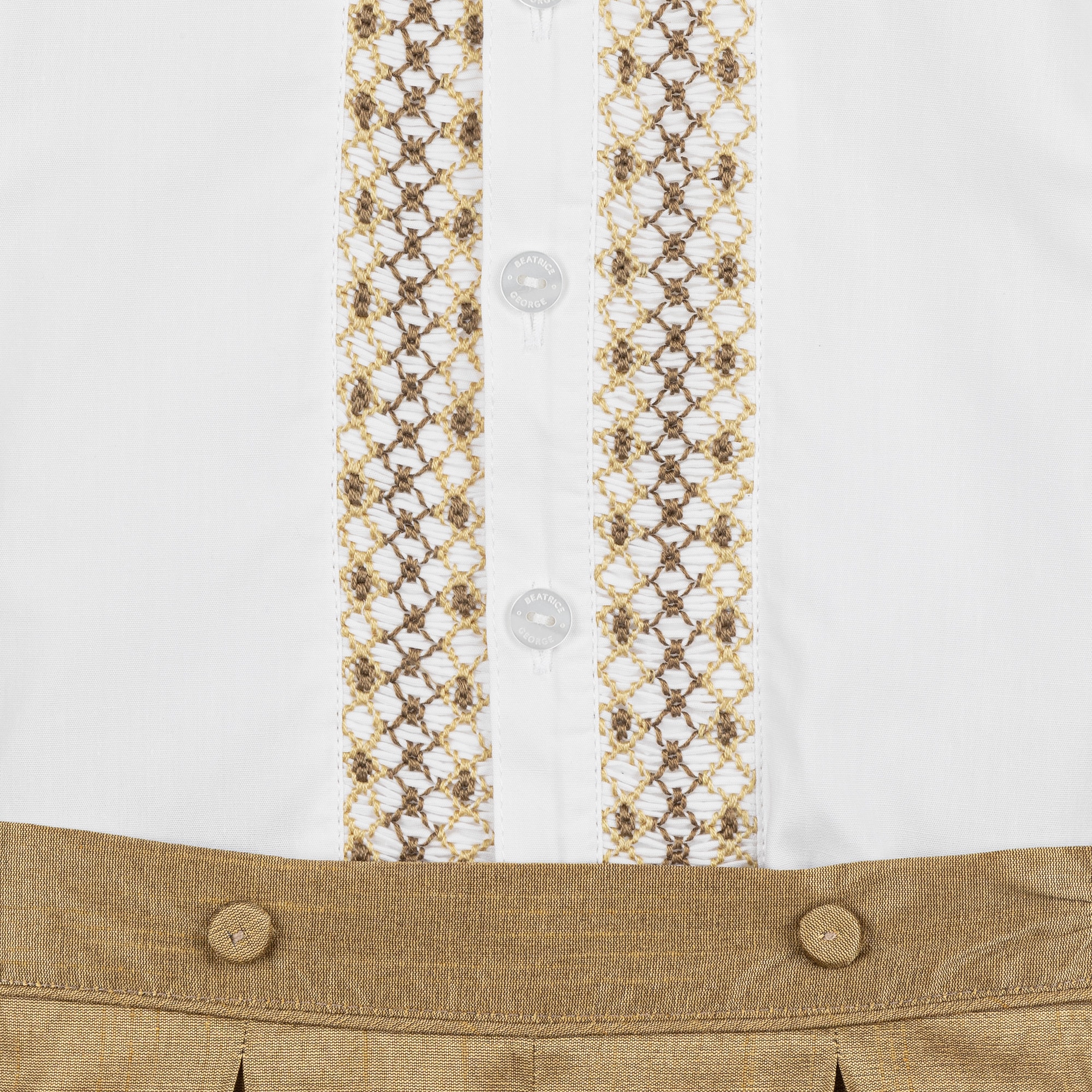 Boys Gold Hand-Smocked Dupion Buster Suit - View 6