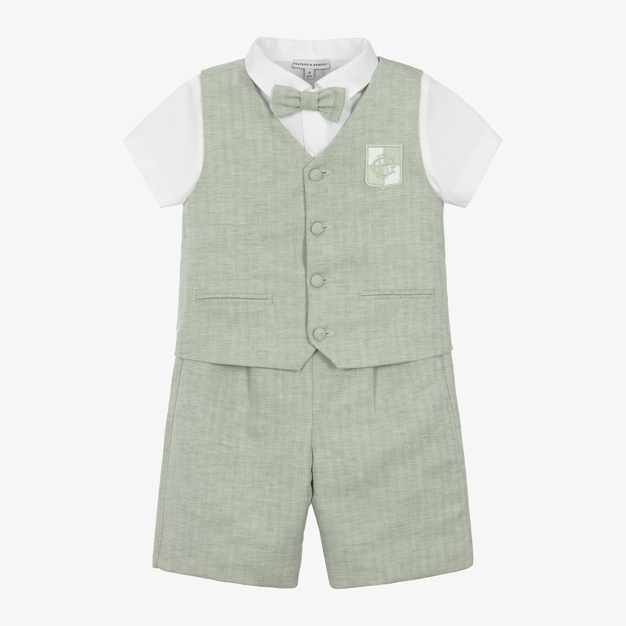 Boys Green Cotton & Linen Waistcoat Suit - View 1