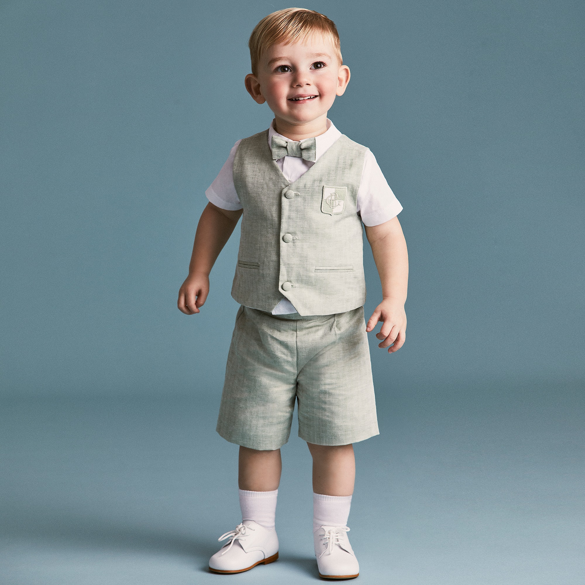 Boys Green Cotton & Linen Waistcoat Suit - View 2