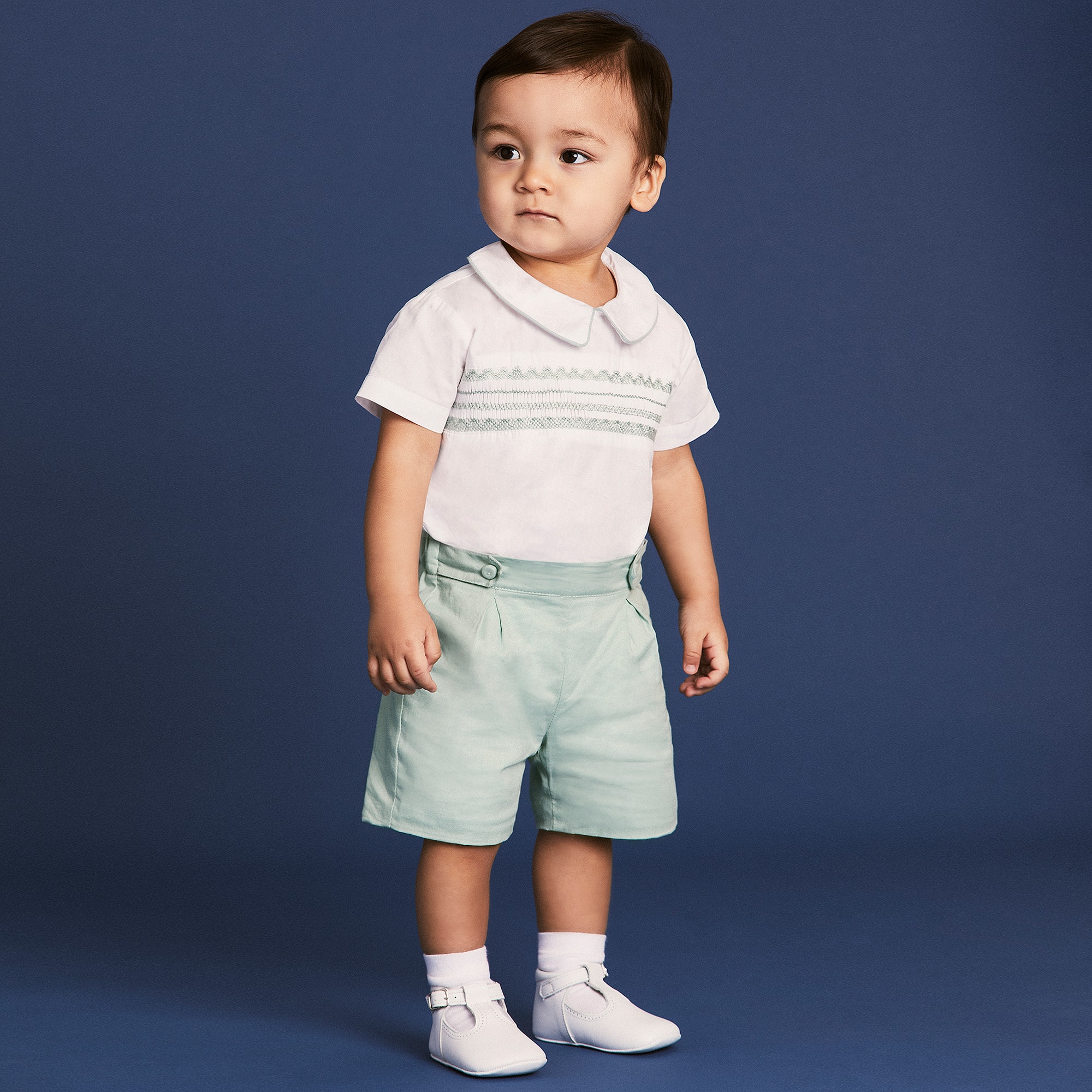 Boys Green Hand-Smocked Cotton Buster Suit - View 2