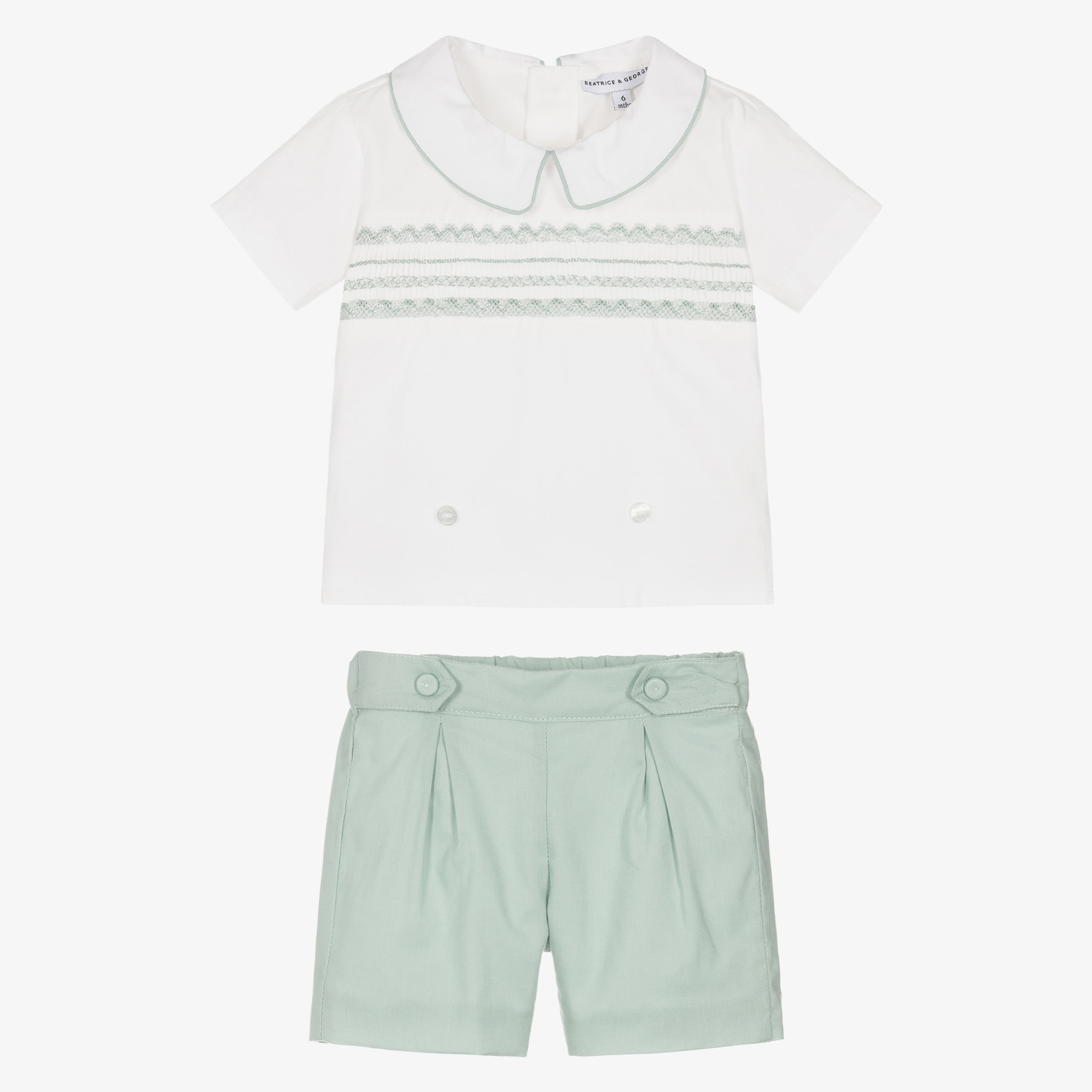 Boys Green Hand-Smocked Cotton Buster Suit - View 3