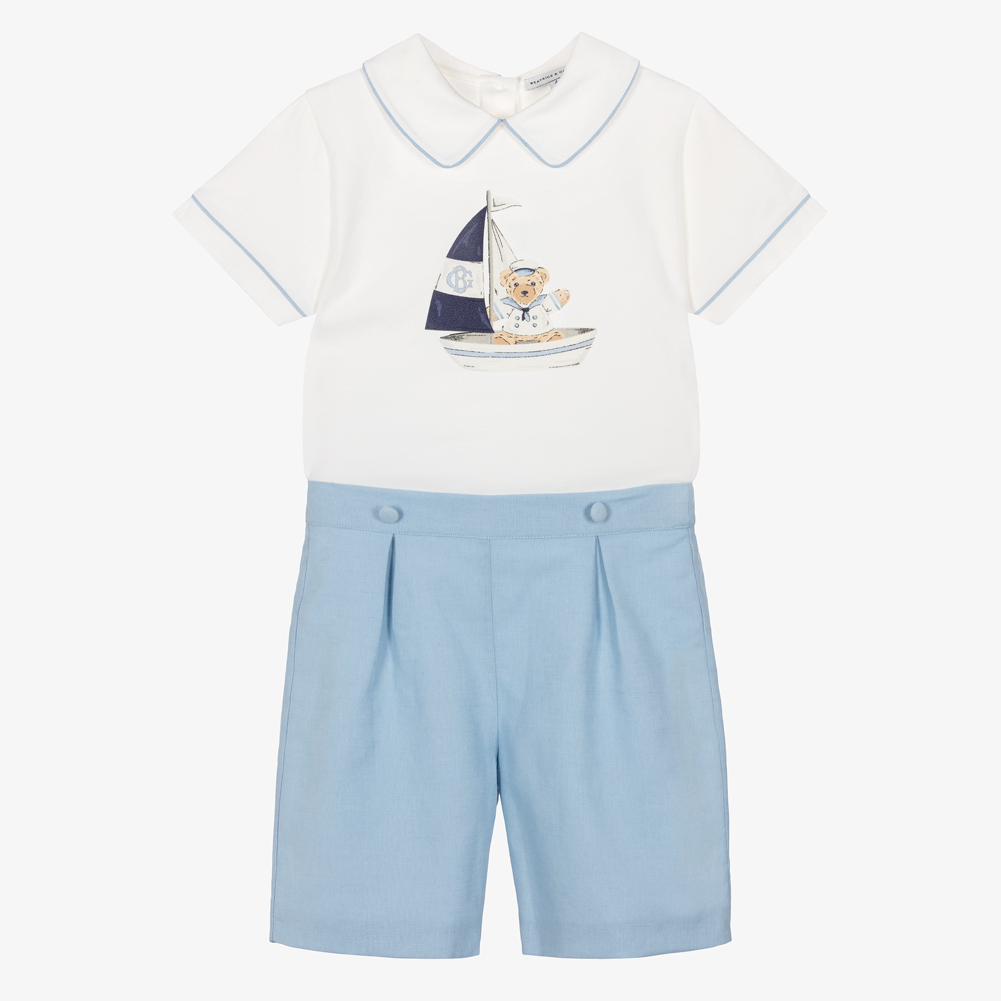 Boys Ivory & Blue Sailor Bear Print Short Set - View 1