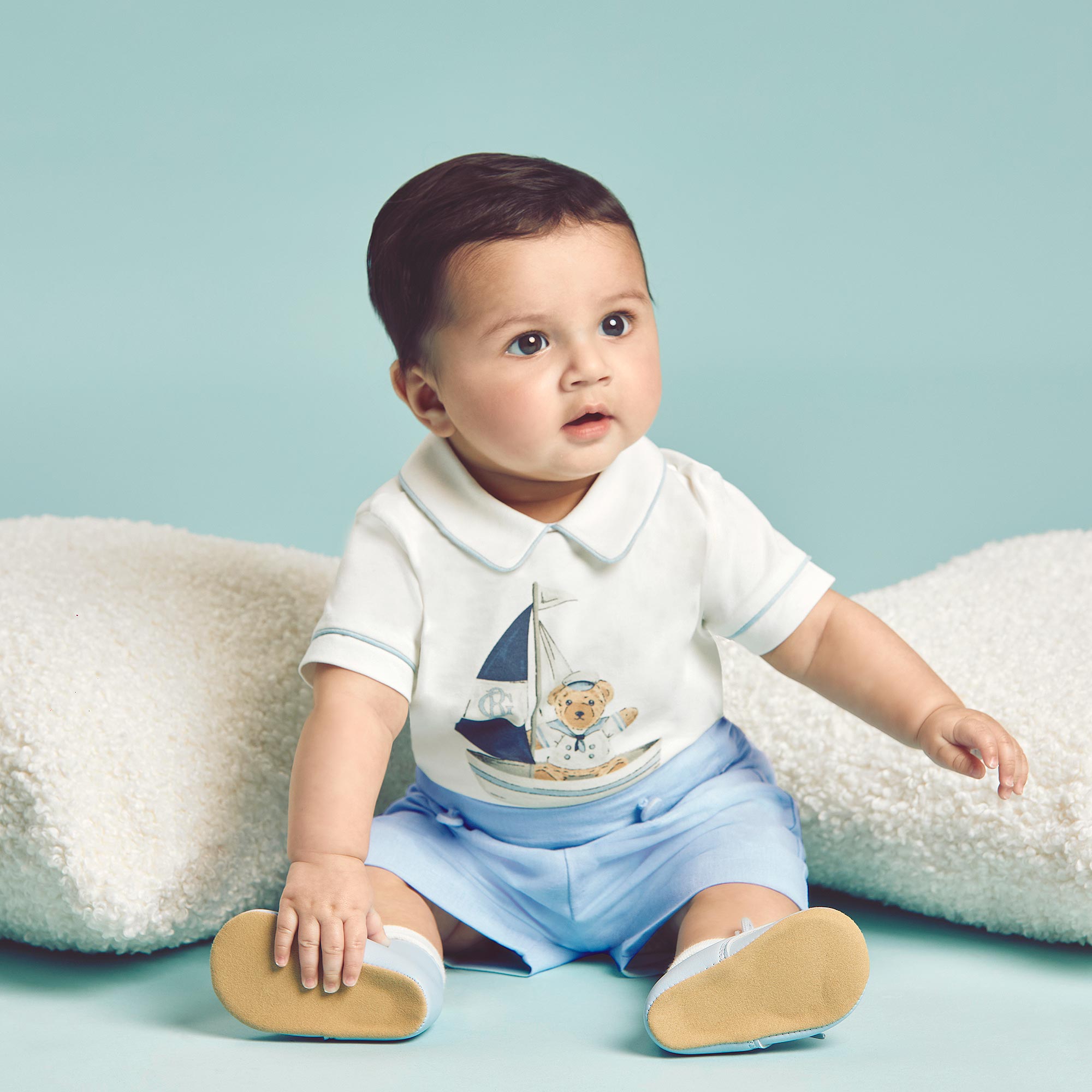 Boys Ivory & Blue Sailor Bear Print Short Set - View 2