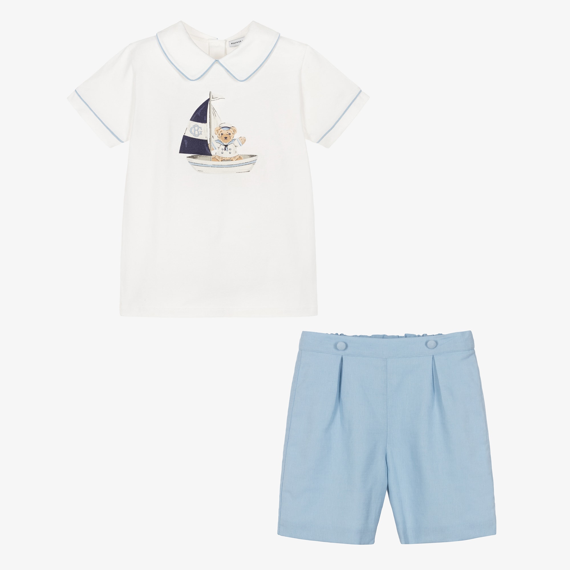 Boys Ivory & Blue Sailor Bear Print Short Set - View 3