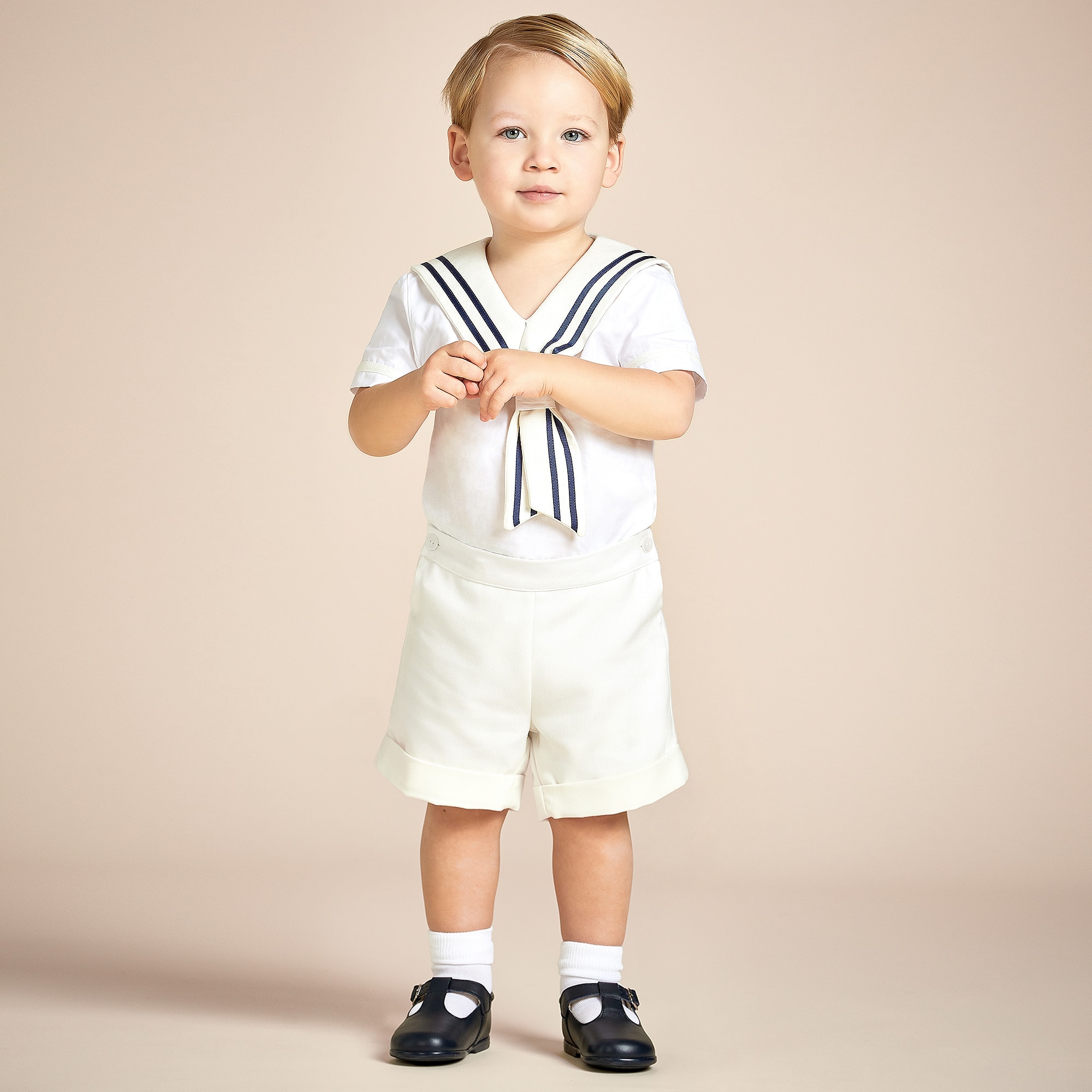 Boys Ivory Cotton Sailor Buster Suit - View 2