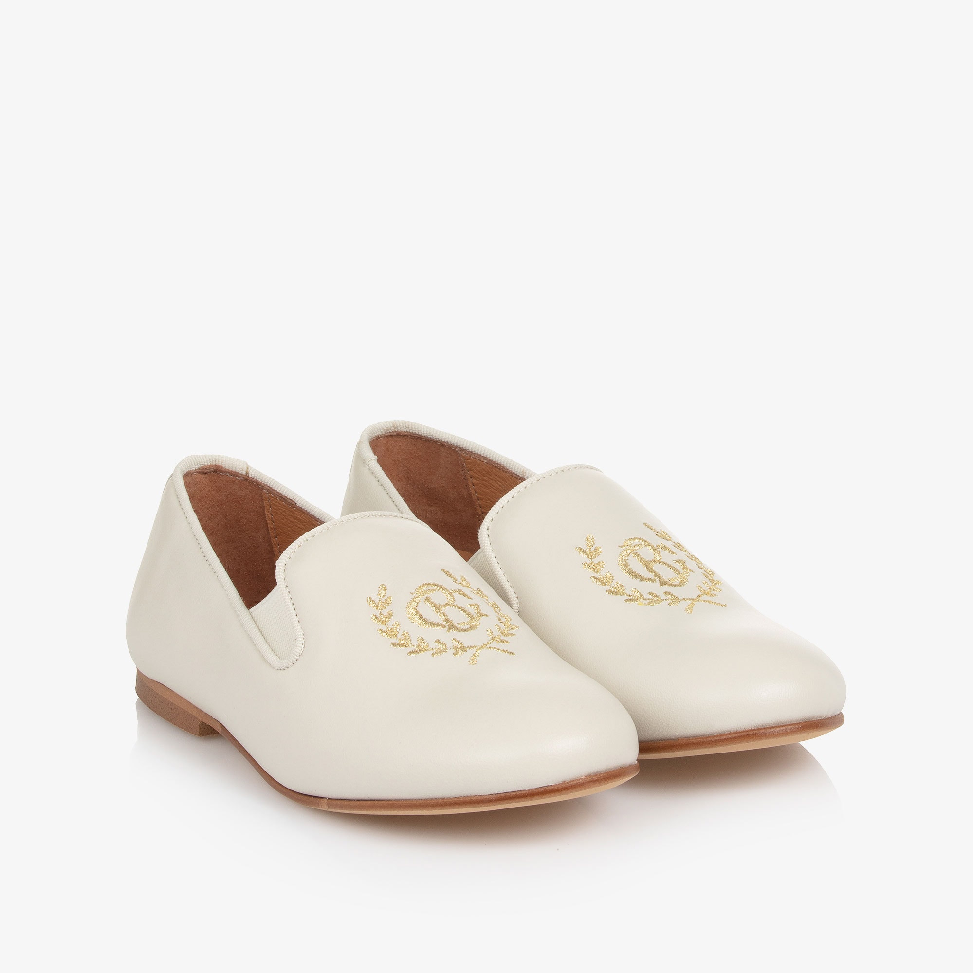 Boys Ivory Leather Loafers with Embroidered Gold Crest Logo - View 1