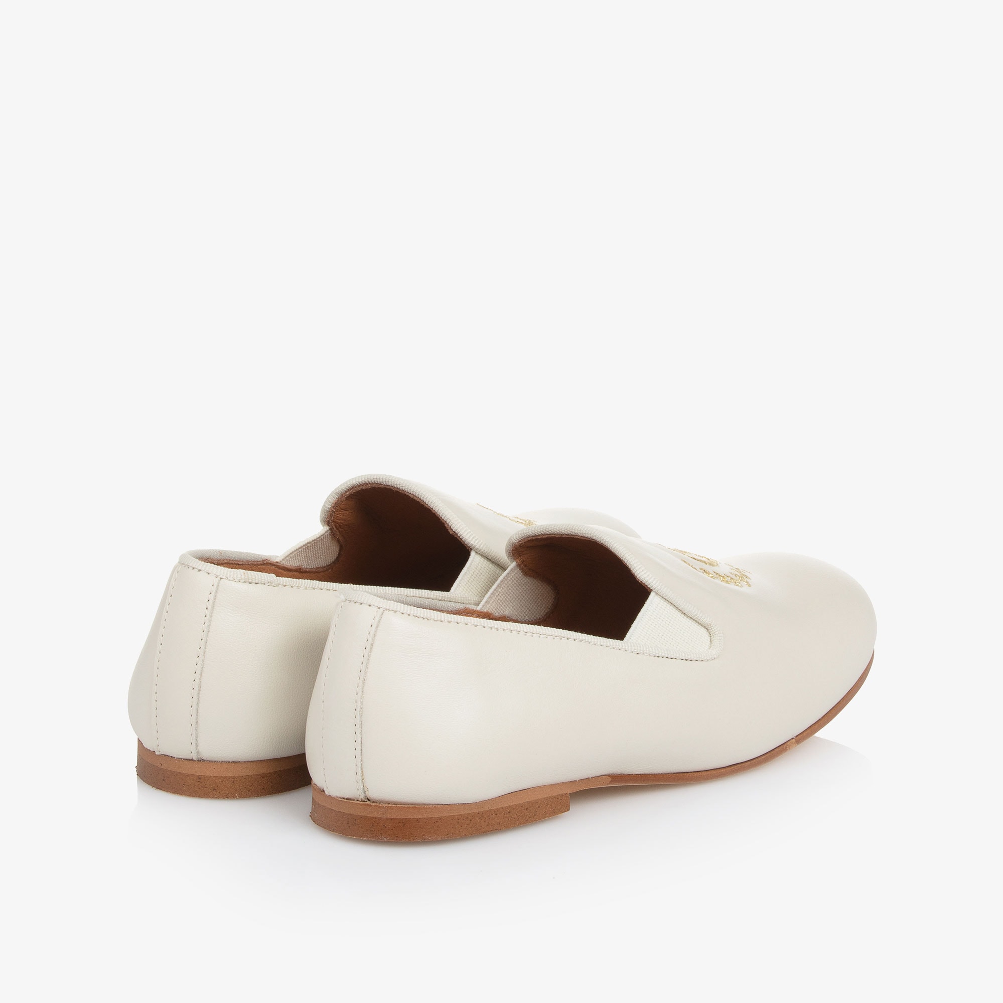 Boys Ivory Leather Loafers with Embroidered Gold Crest Logo - View 3