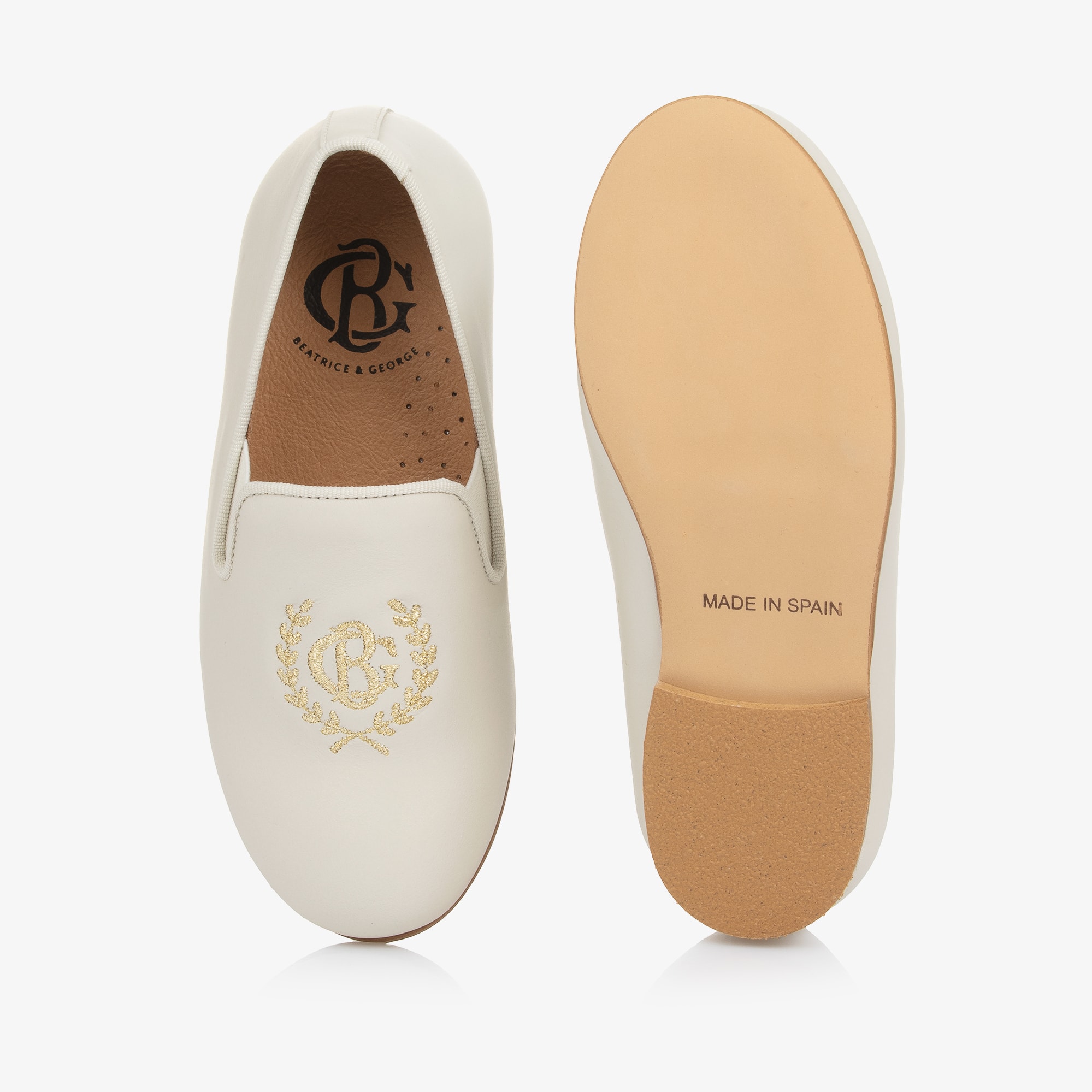 Boys Ivory Leather Loafers with Embroidered Gold Crest Logo - View 4
