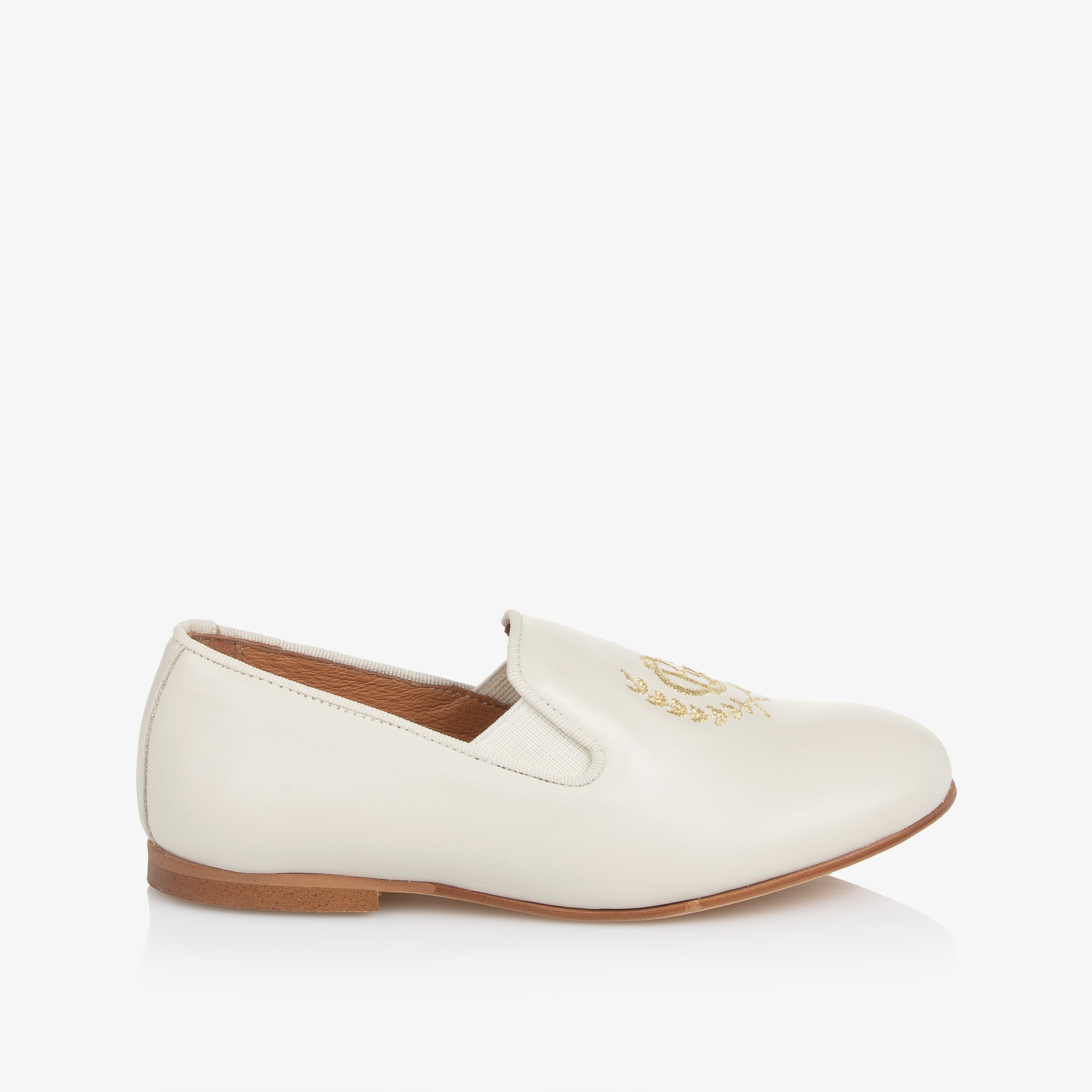 Boys Ivory Leather Loafers with Embroidered Gold Crest Logo - View 5