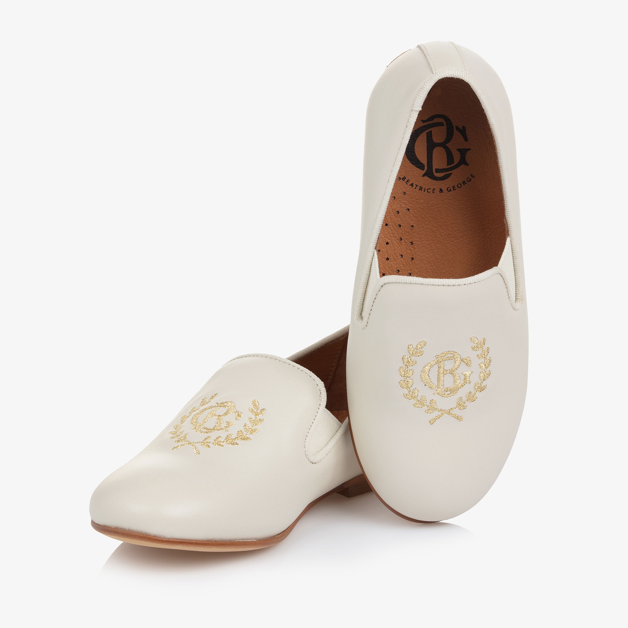 Boys Ivory Leather Loafers with Embroidered Gold Crest Logo - View 6