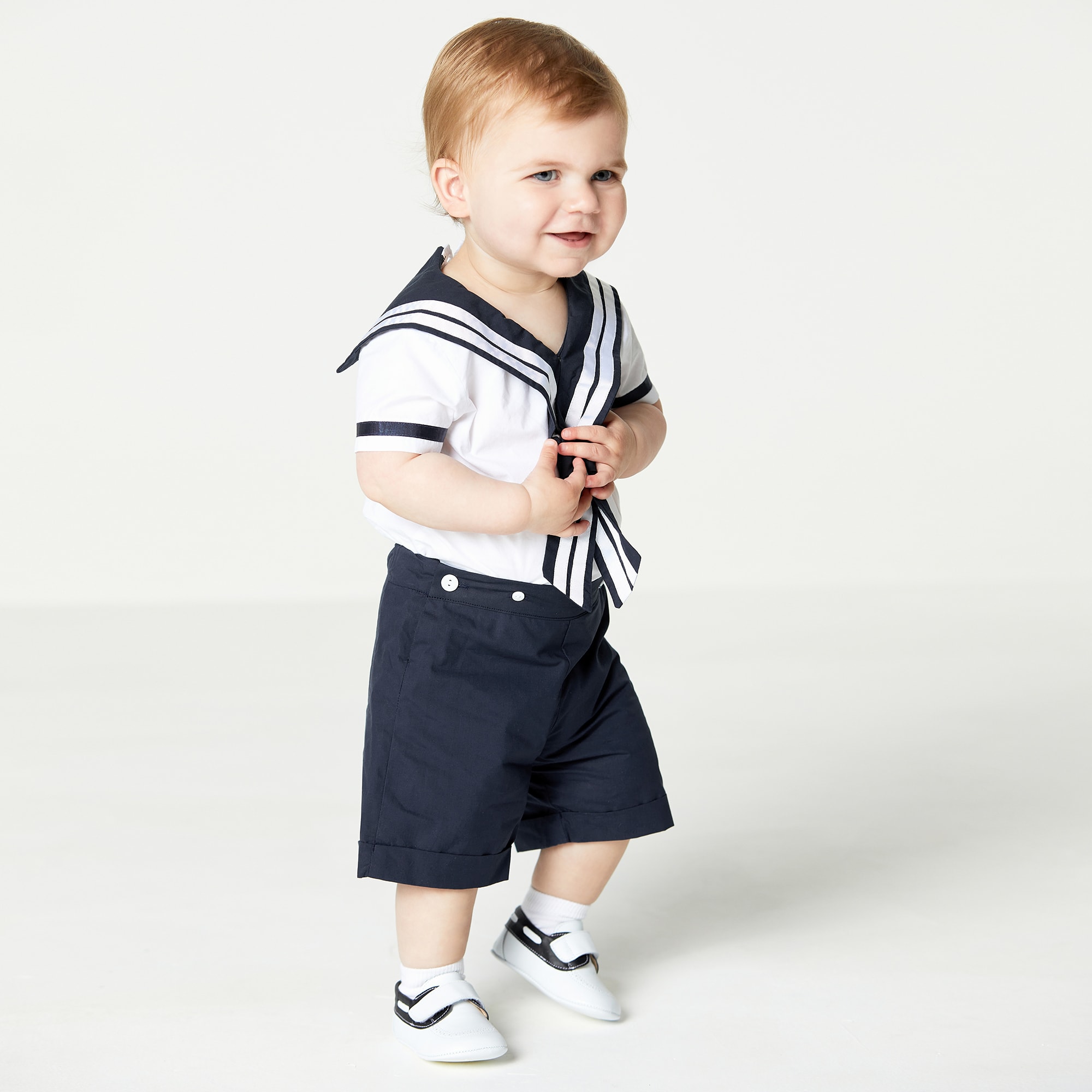 Boys White & Blue Cotton Sailor Buster Suit - View 2