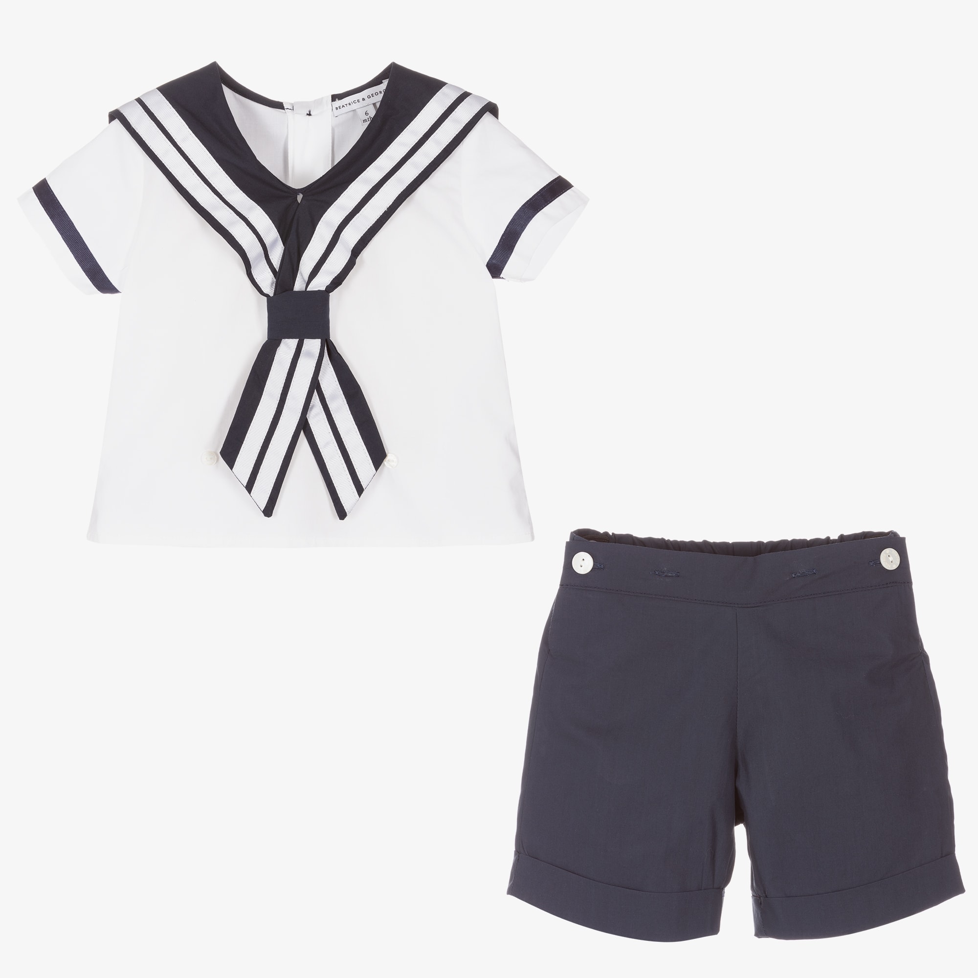 Boys White & Blue Cotton Sailor Buster Suit - View 3