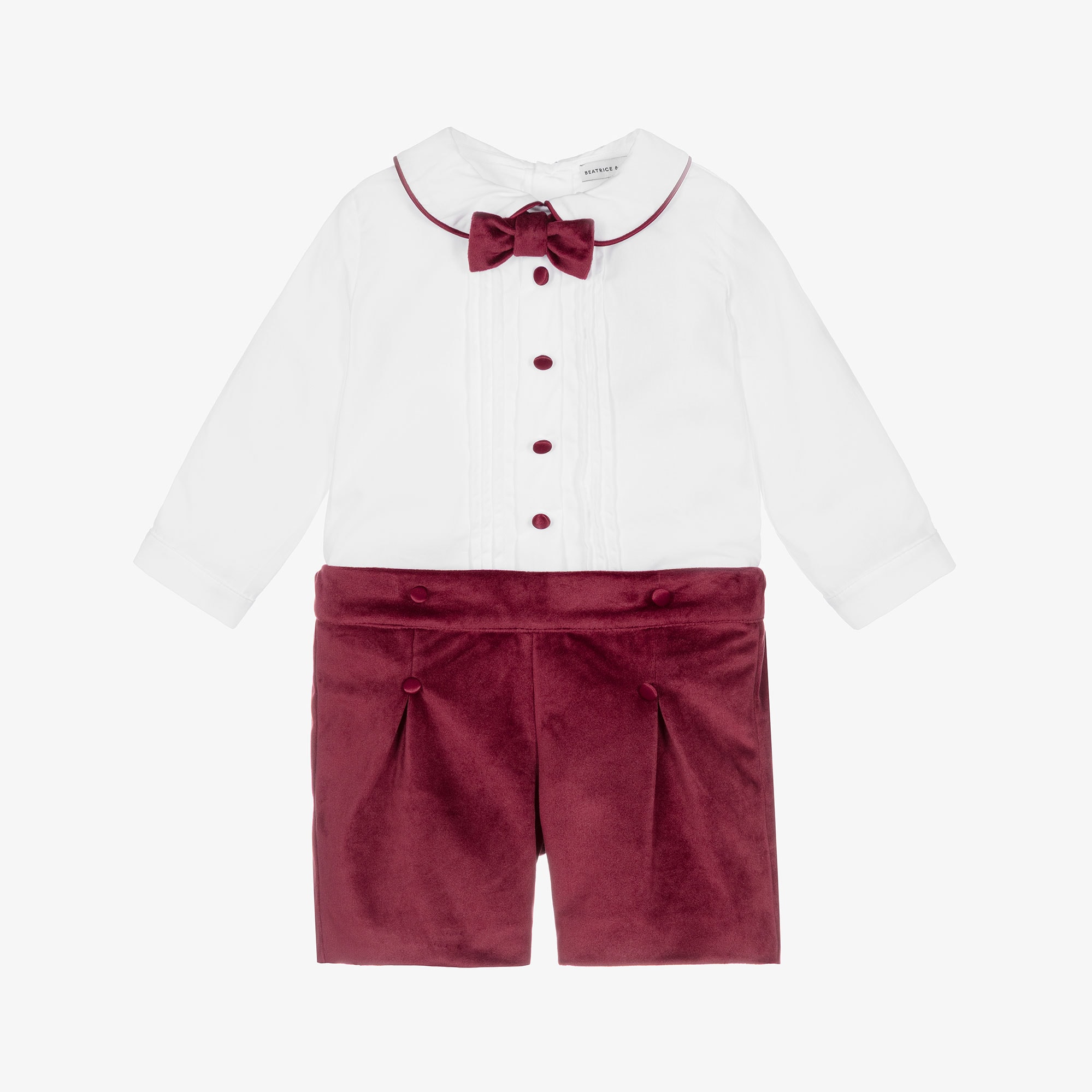 Boys White & Burgundy Red Velvet Buster Suit - View 1