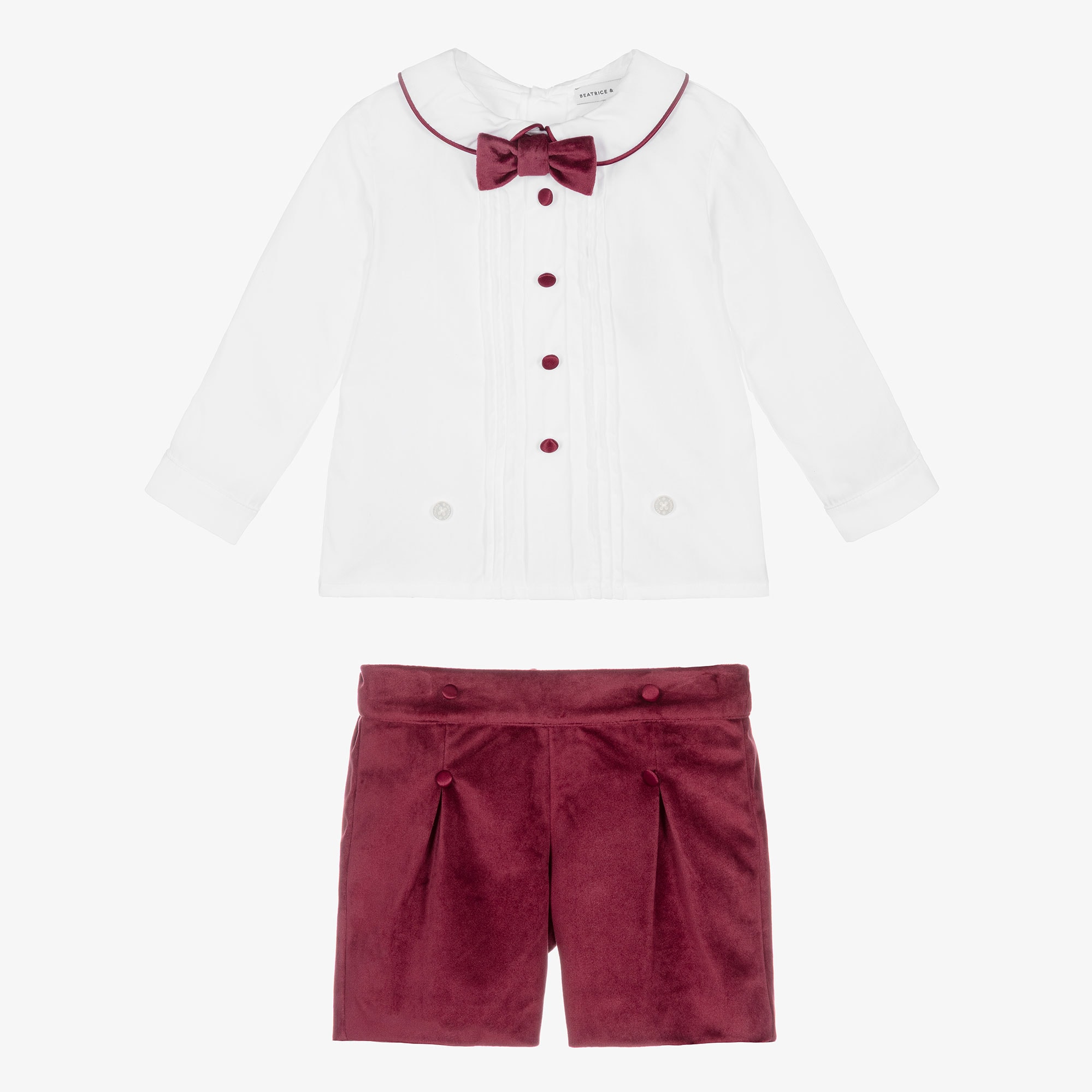 Boys White & Burgundy Red Velvet Buster Suit - View 3