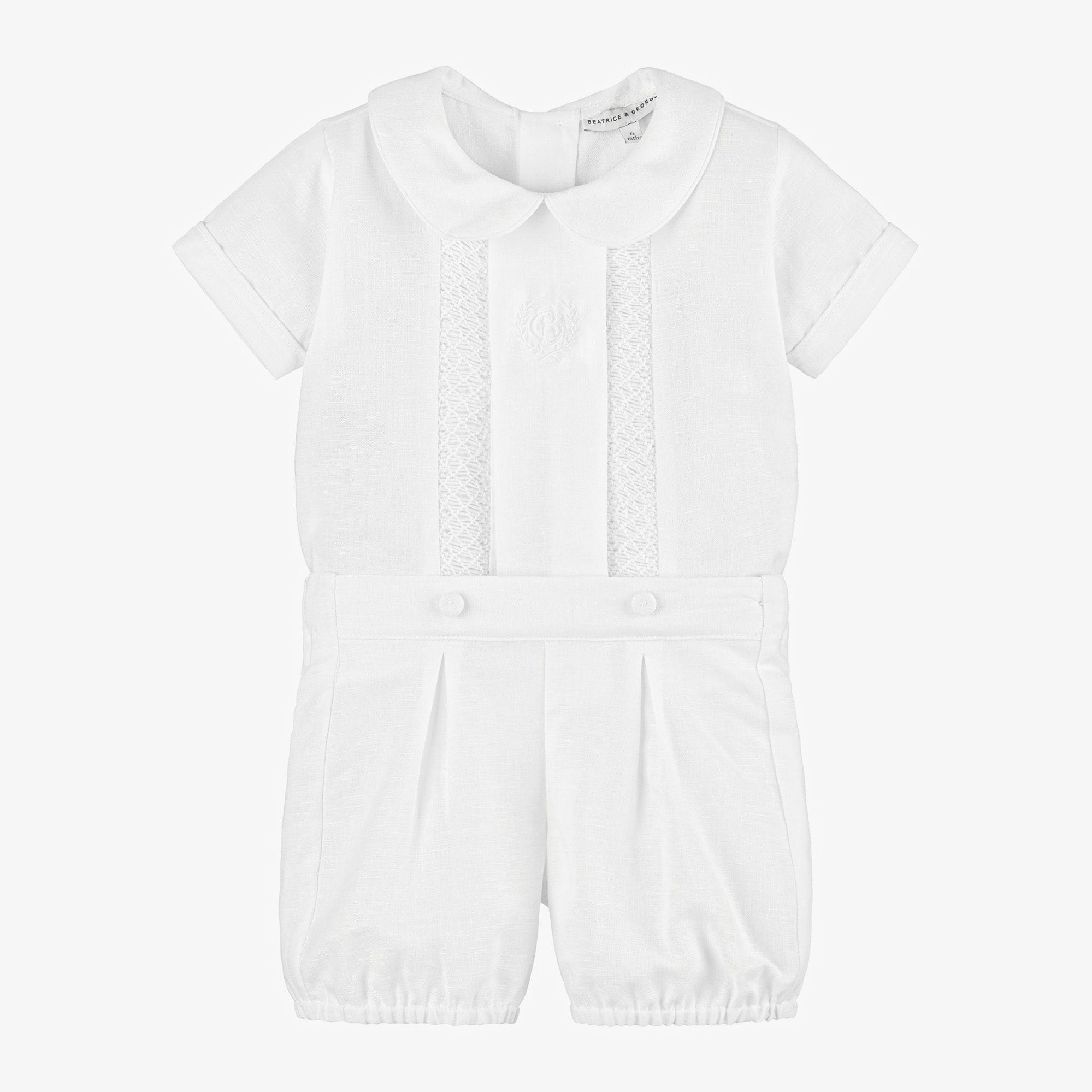 Boys White Linen & Cotton Buster Suit - View 1