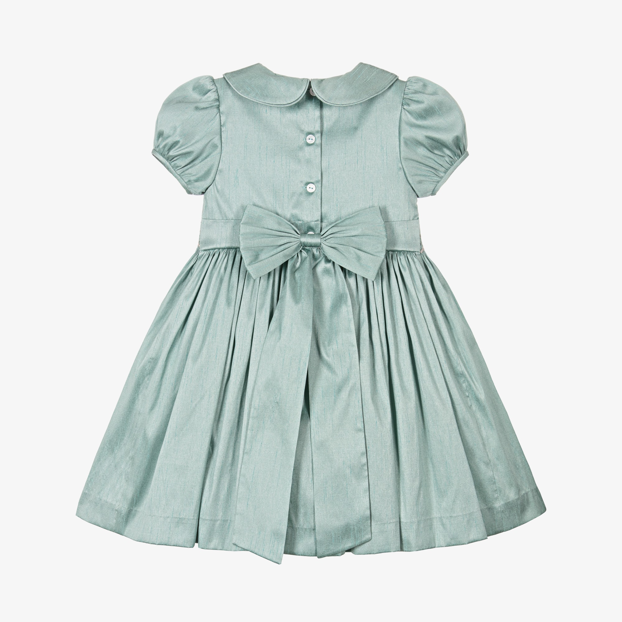 Girls Pink Hand-Smocked & Embroidered Dupion Dress - View 3
