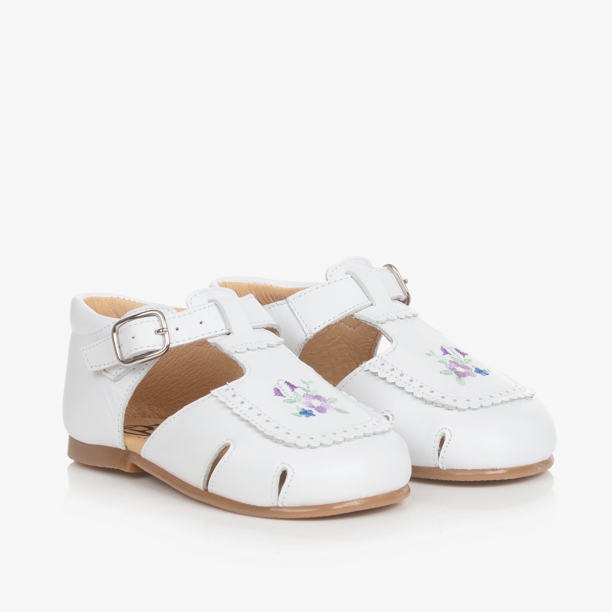 Girls White Embroidered Floral Leather Shoes - View 1