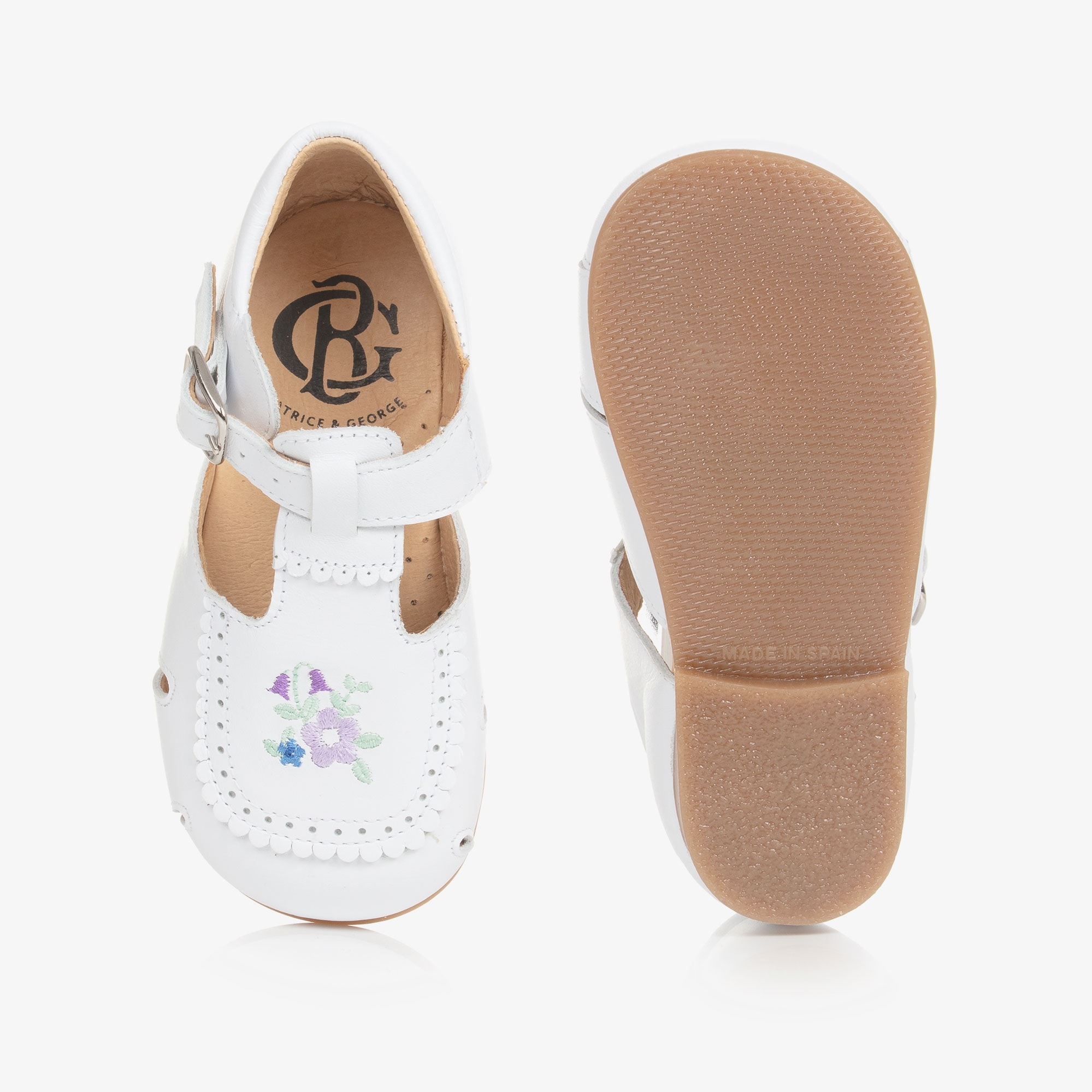 Girls White Embroidered Floral Leather Shoes - View 3