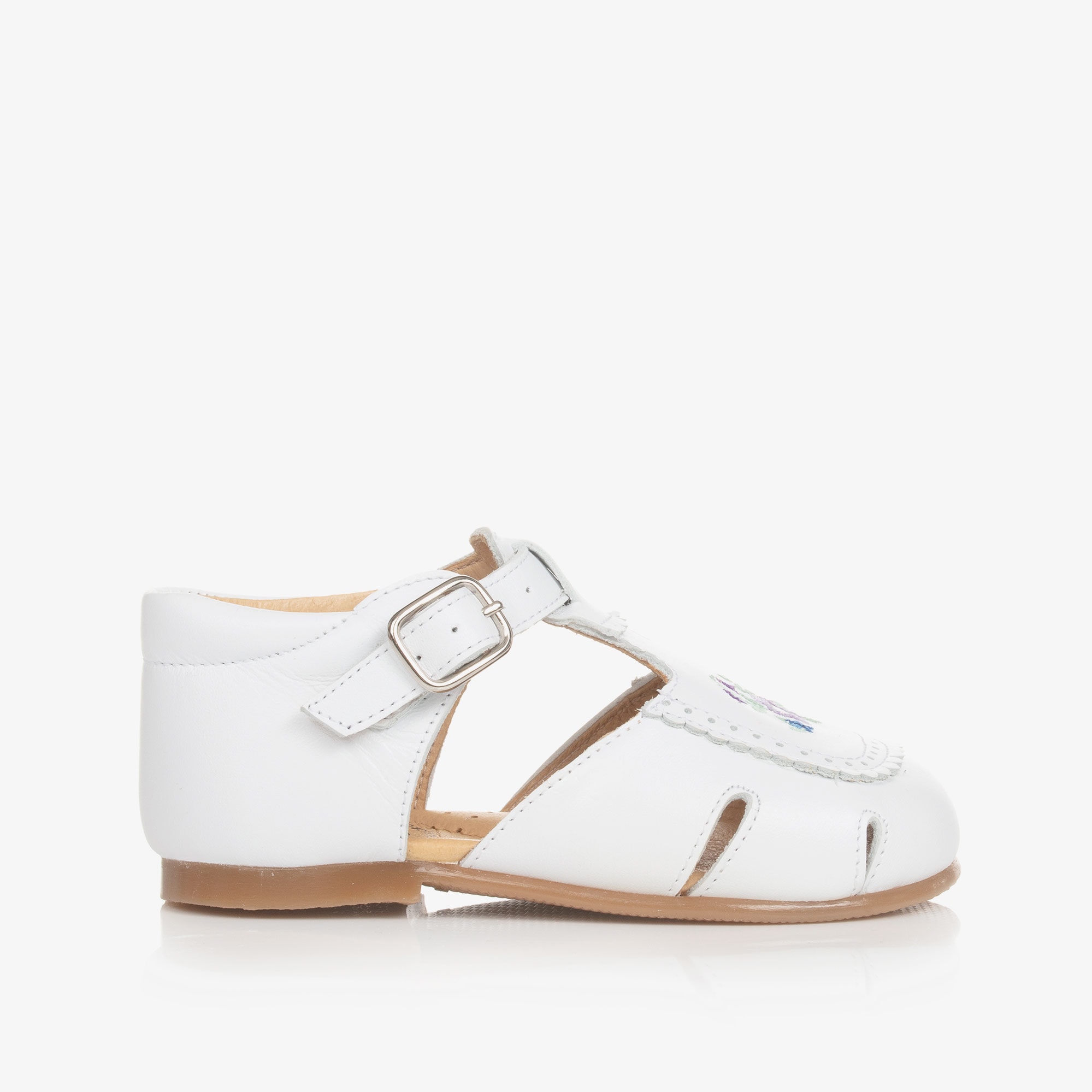 Girls White Embroidered Floral Leather Shoes - View 4