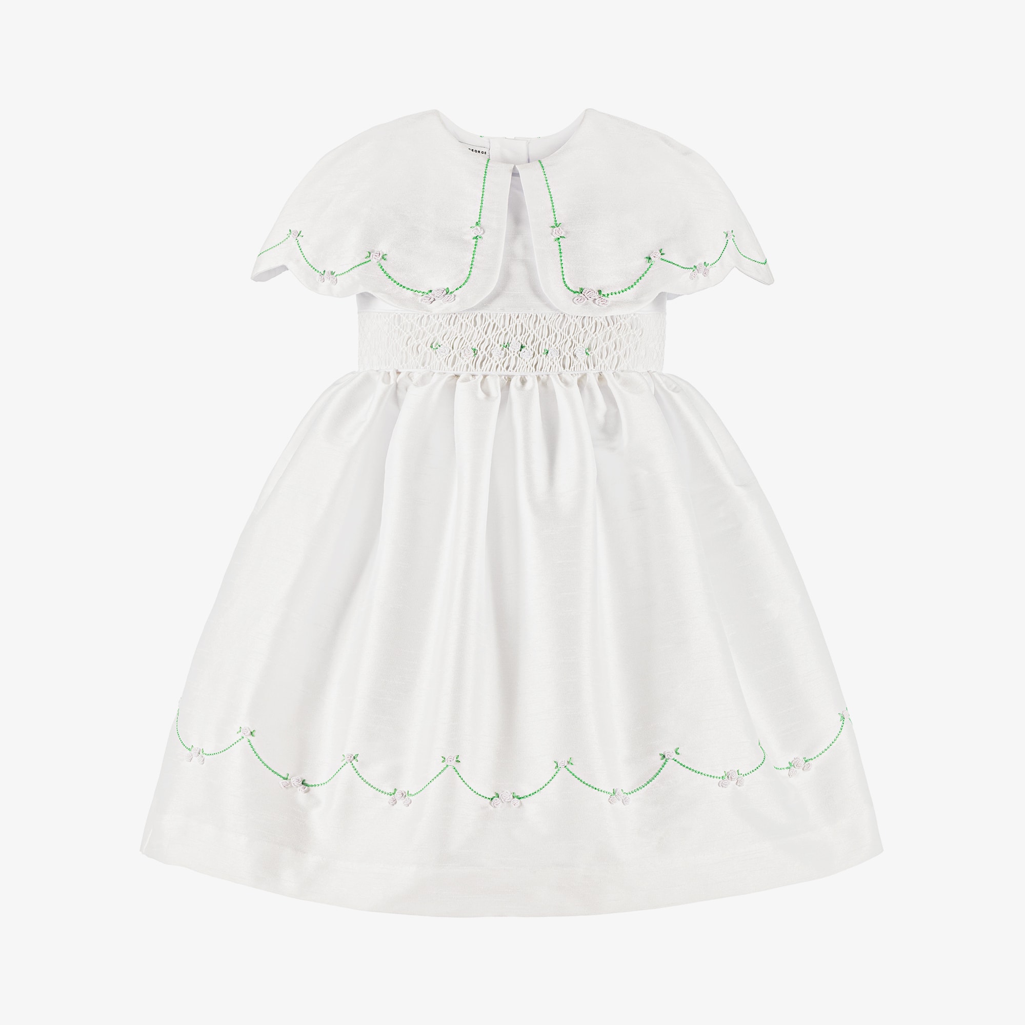 Girls White Hand-Smocked Dupion Dress with Cape Collar - View 1