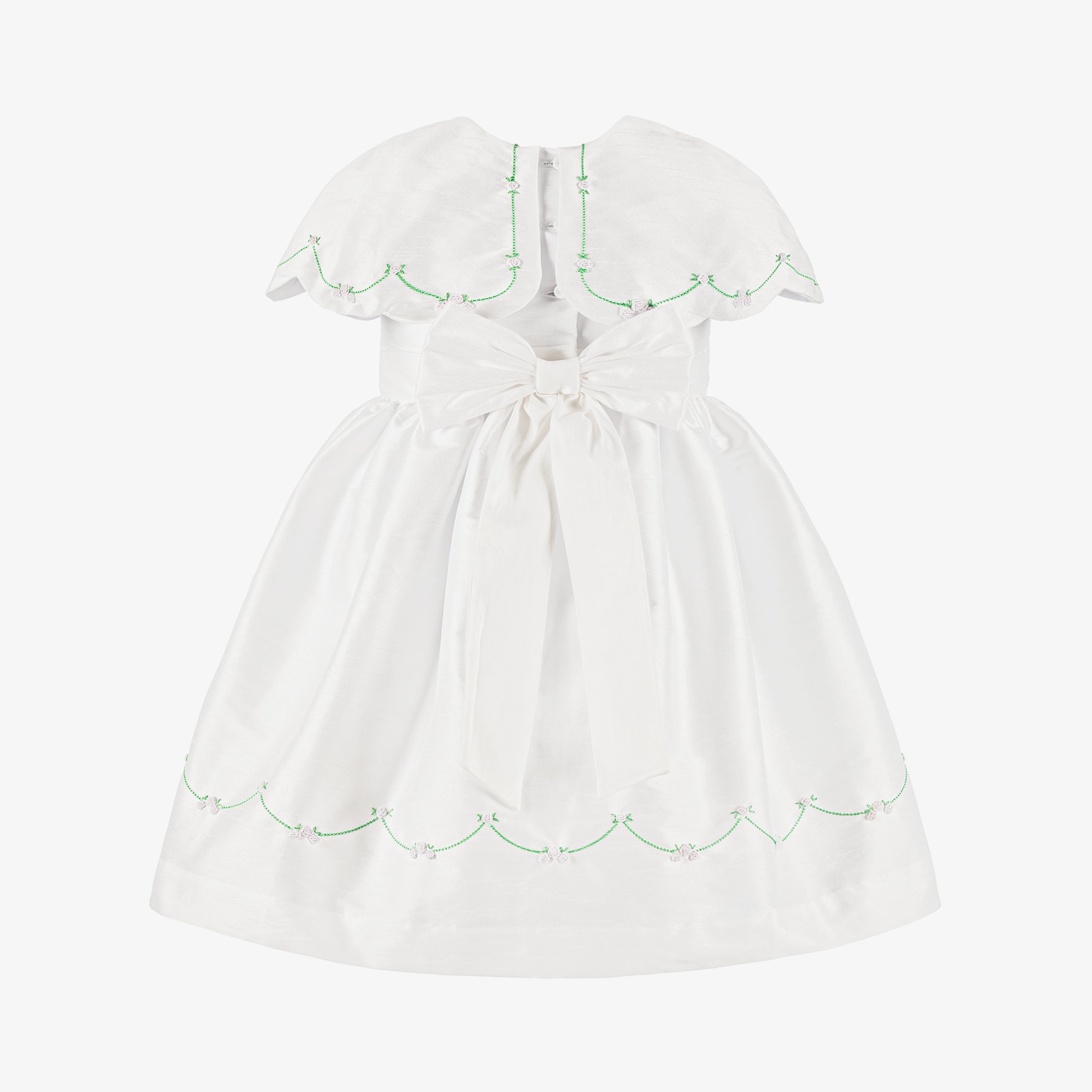 Girls White Hand-Smocked Dupion Dress with Cape Collar - View 3