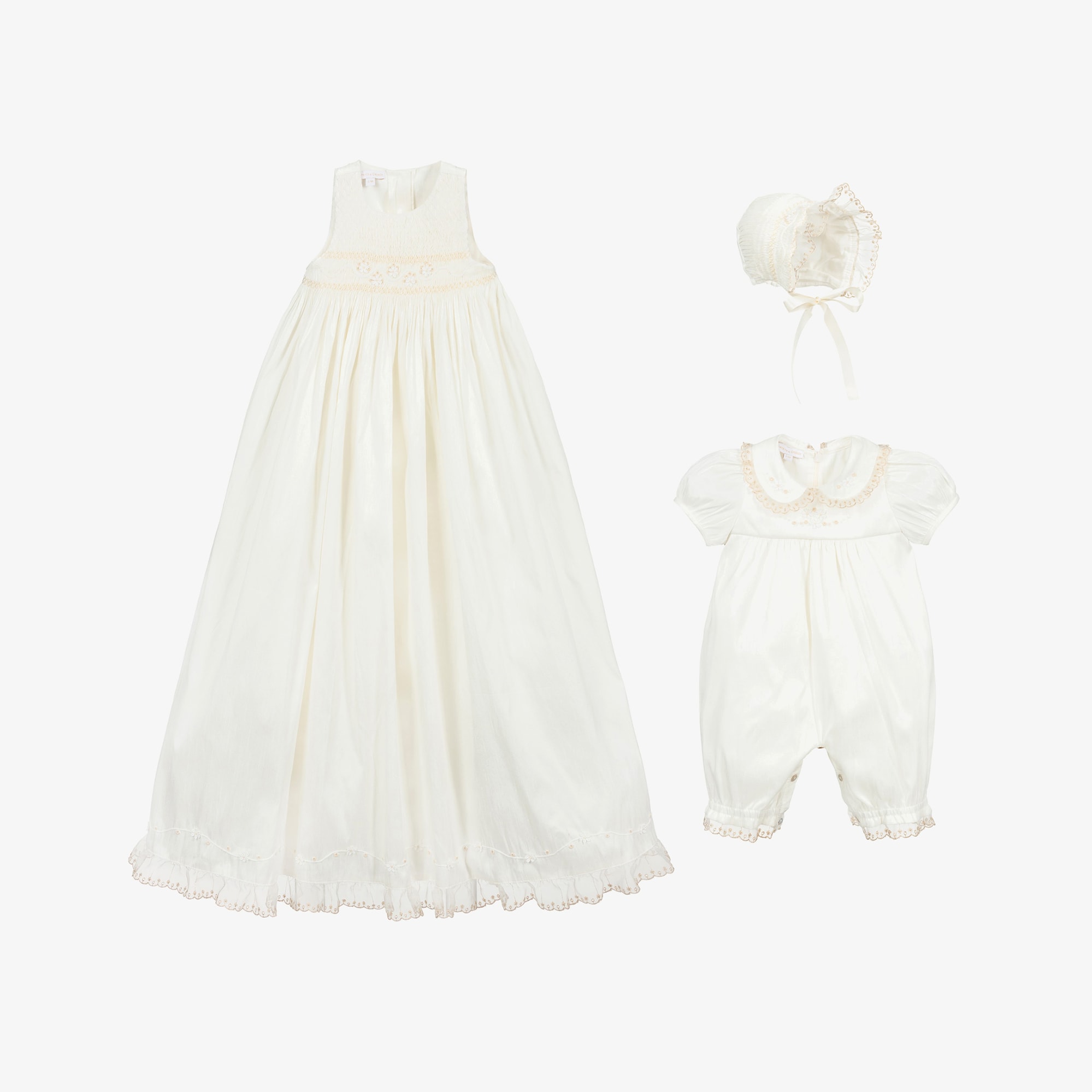 Ivory Satin Hand-Smocked Ceremony Gown Set - View 4