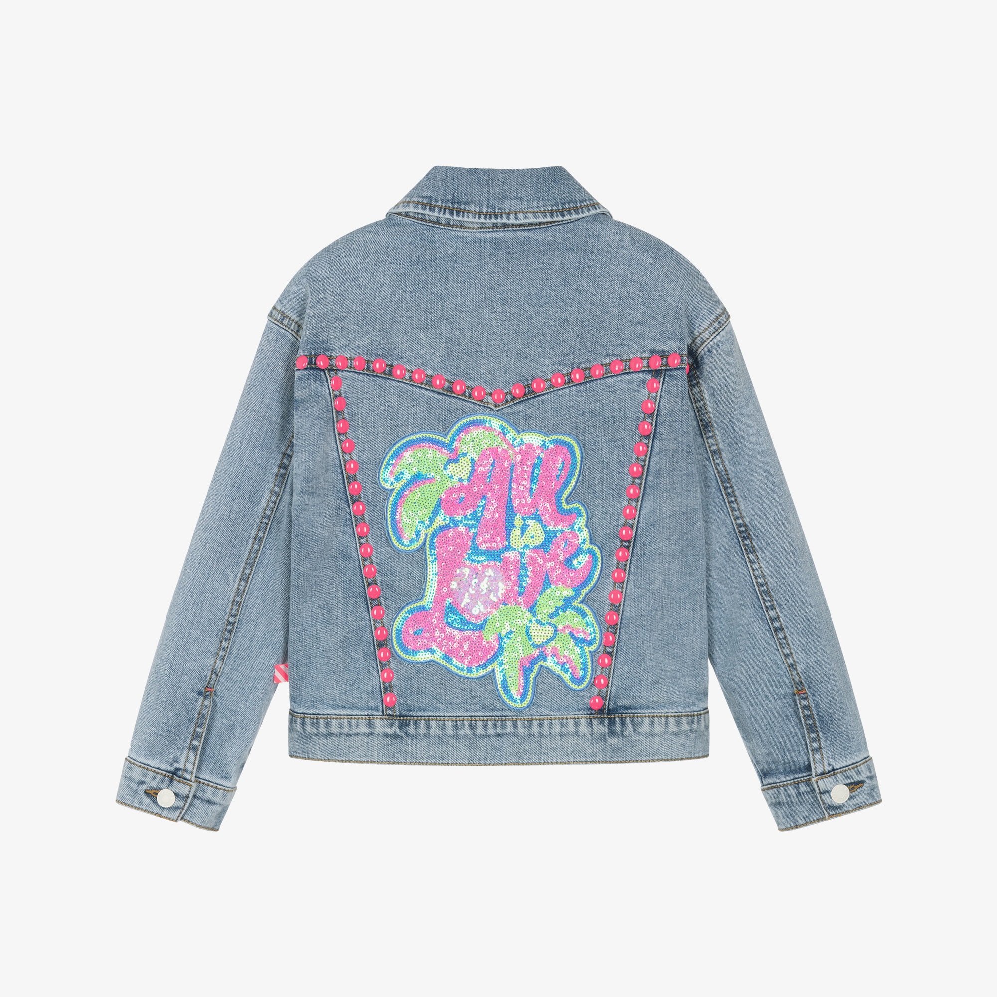 Girls Blue Denim Jacket with Sequinned Love Motif - View 3