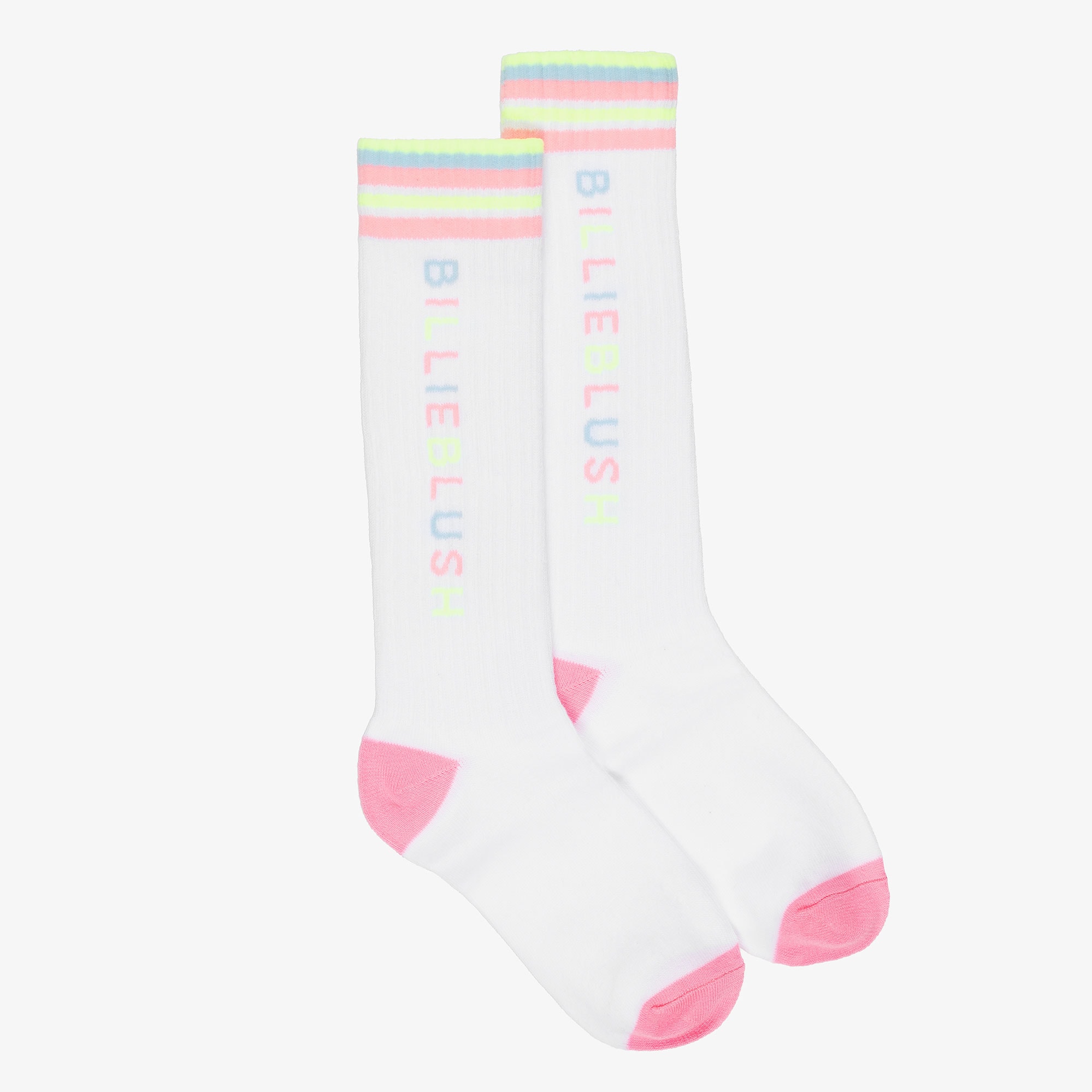 Girls White Knee High Logo Socks with Stripes - View 1
