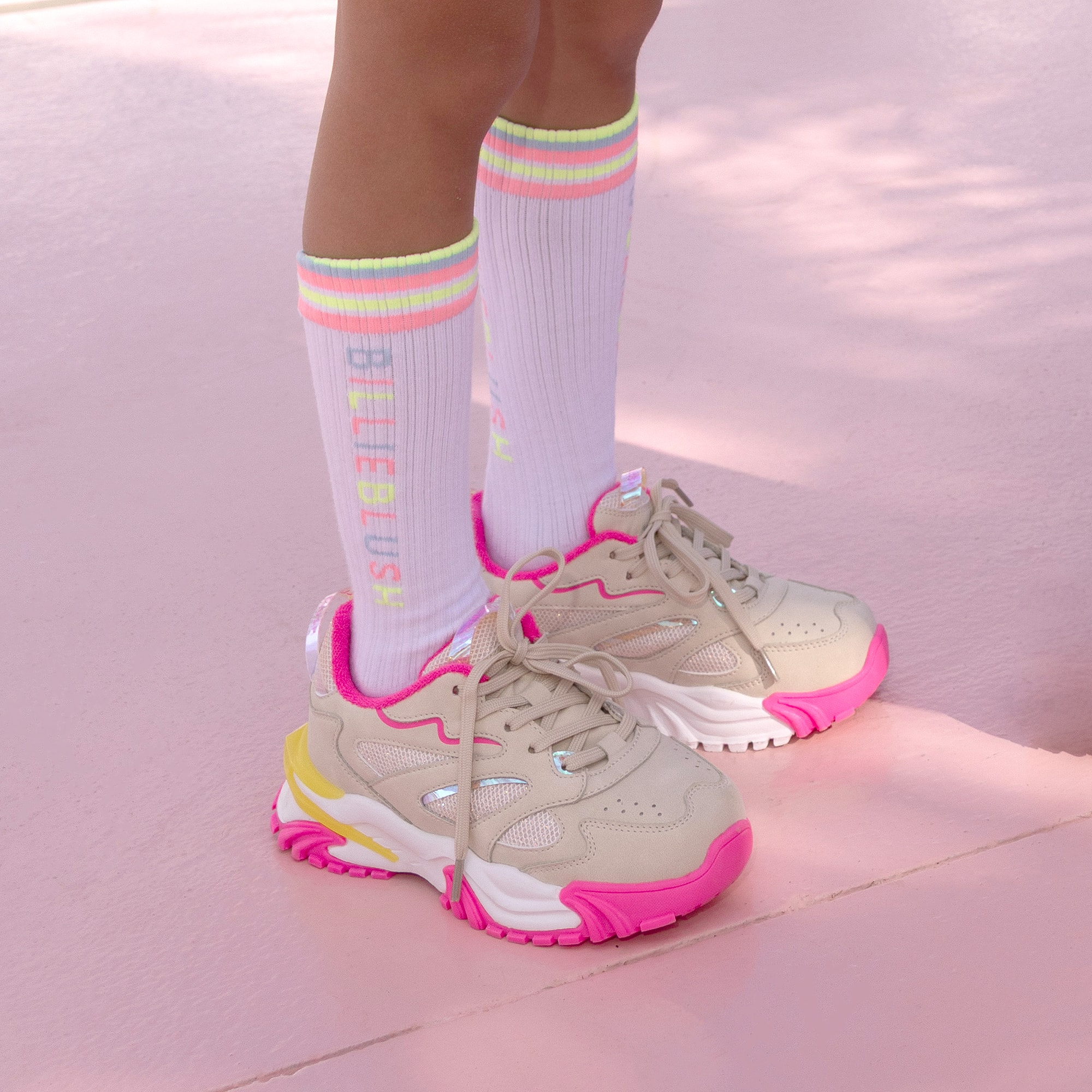 Girls White Knee High Logo Socks with Stripes - View 2