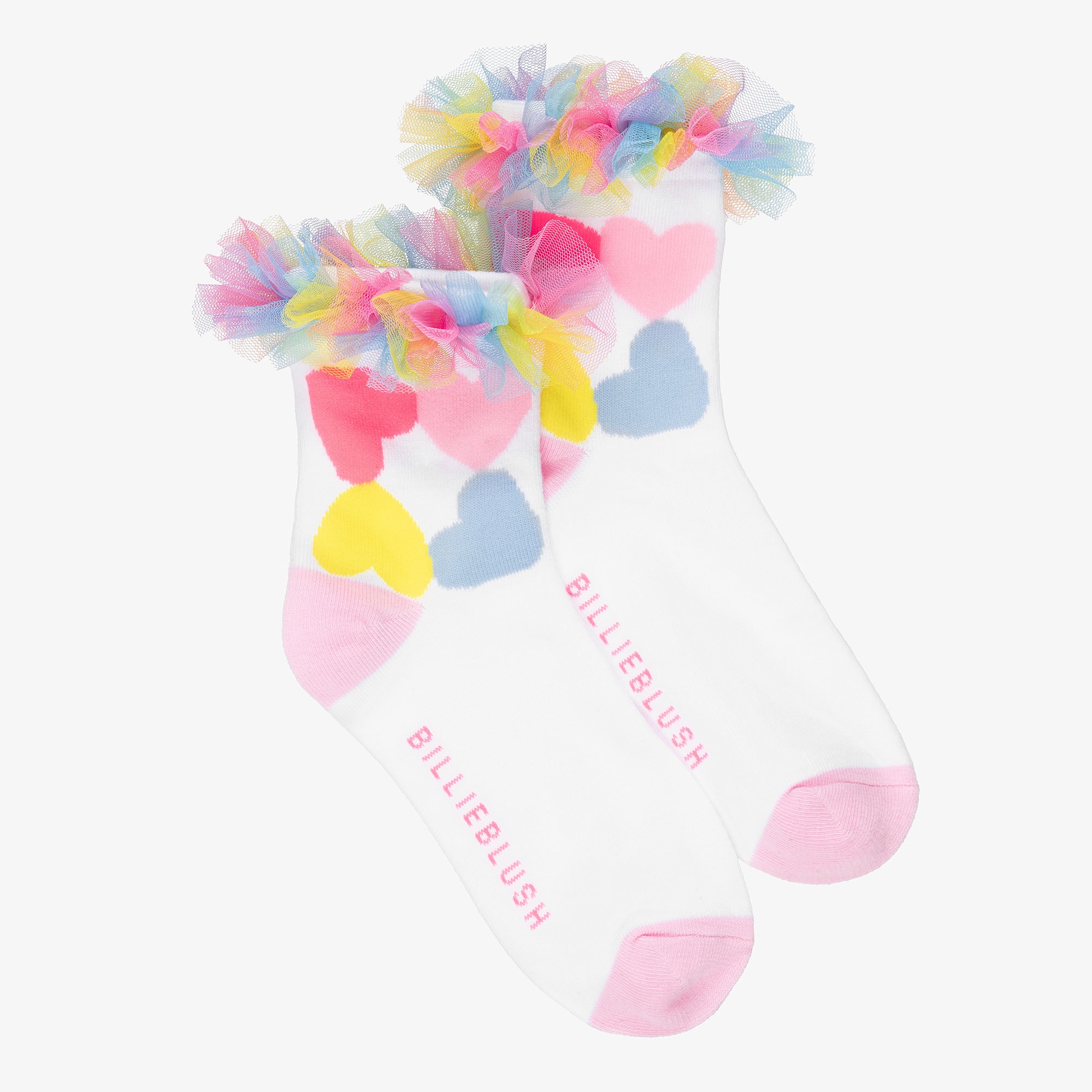 Girls White Socks with Colourful Hearts & Ruffles - View 1