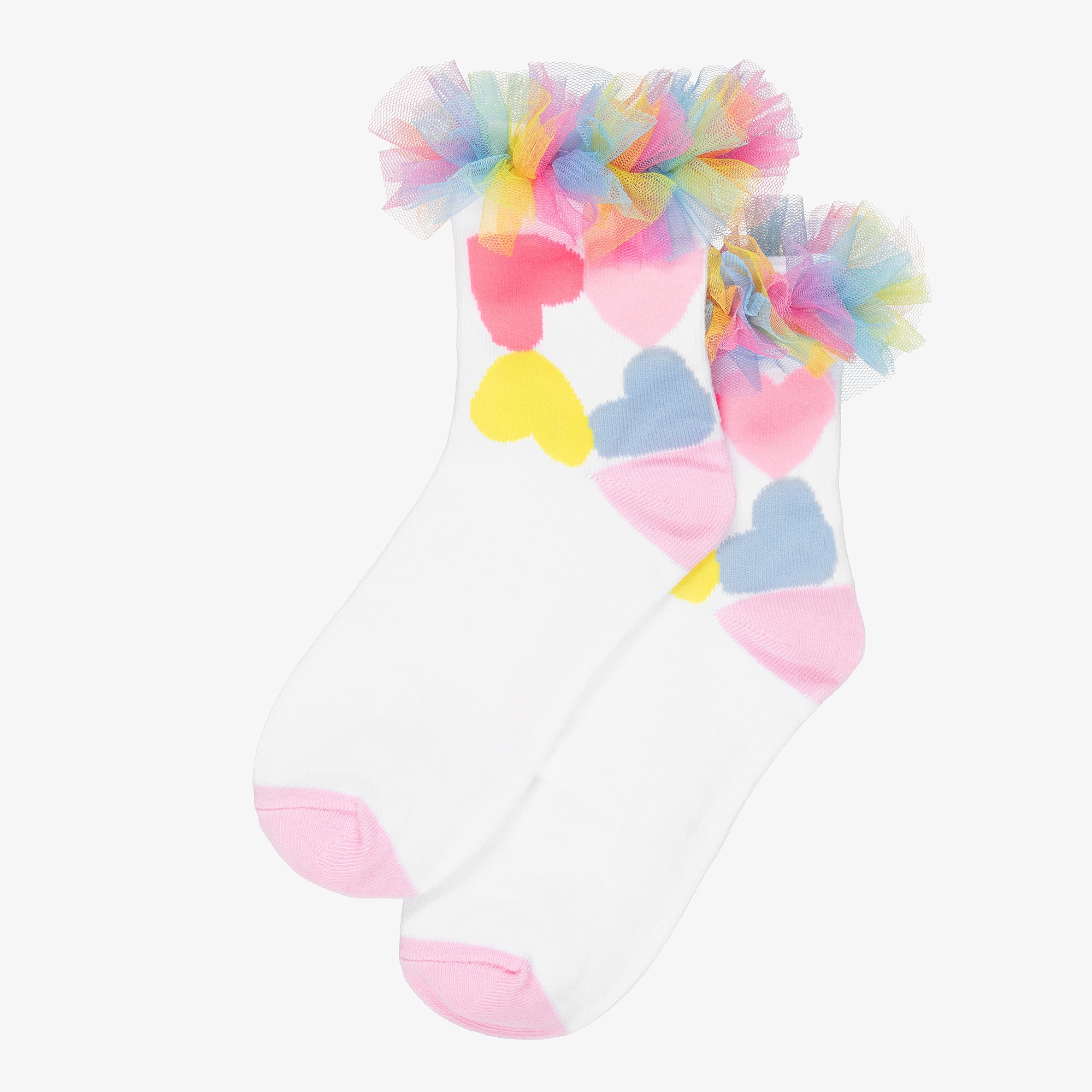 Girls White Socks with Colourful Hearts & Ruffles - View 2