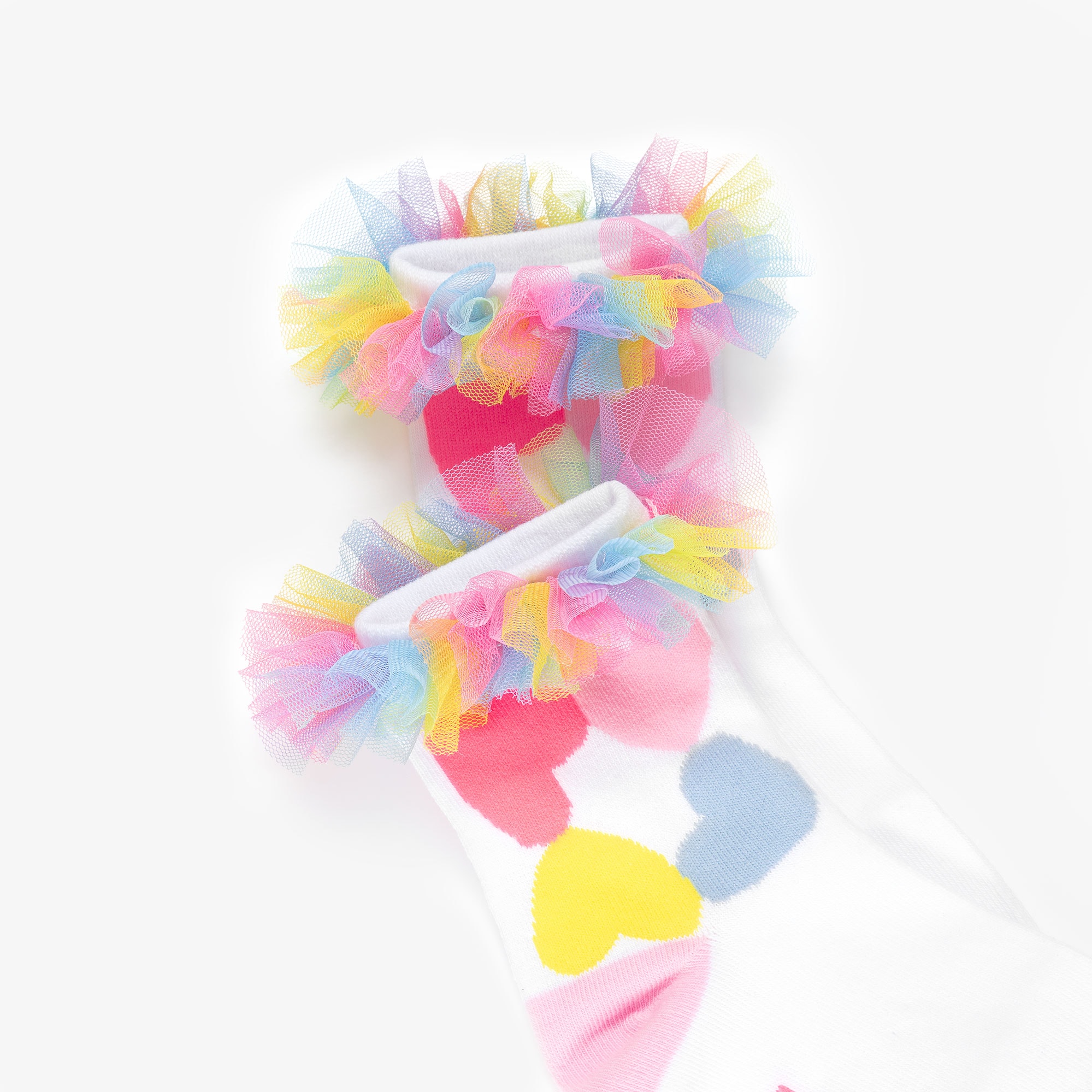 Girls White Socks with Colourful Hearts & Ruffles - View 3