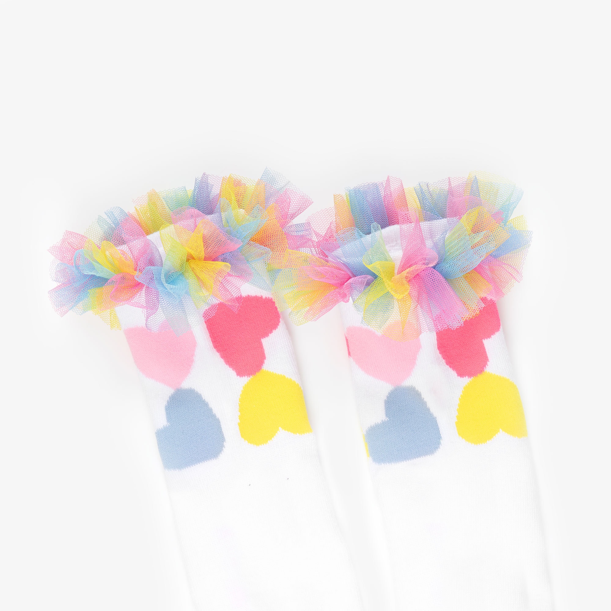 Girls White Socks with Colourful Hearts & Ruffles - View 4