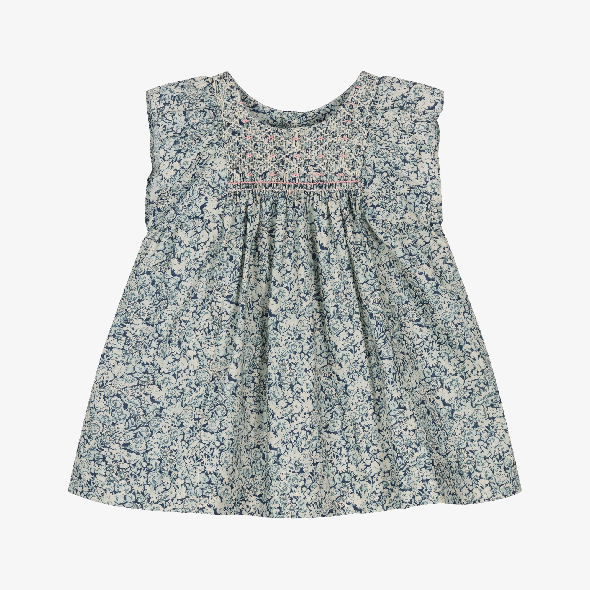Girls Blue Smocked Floral Liberty Fabric Dress - View 1