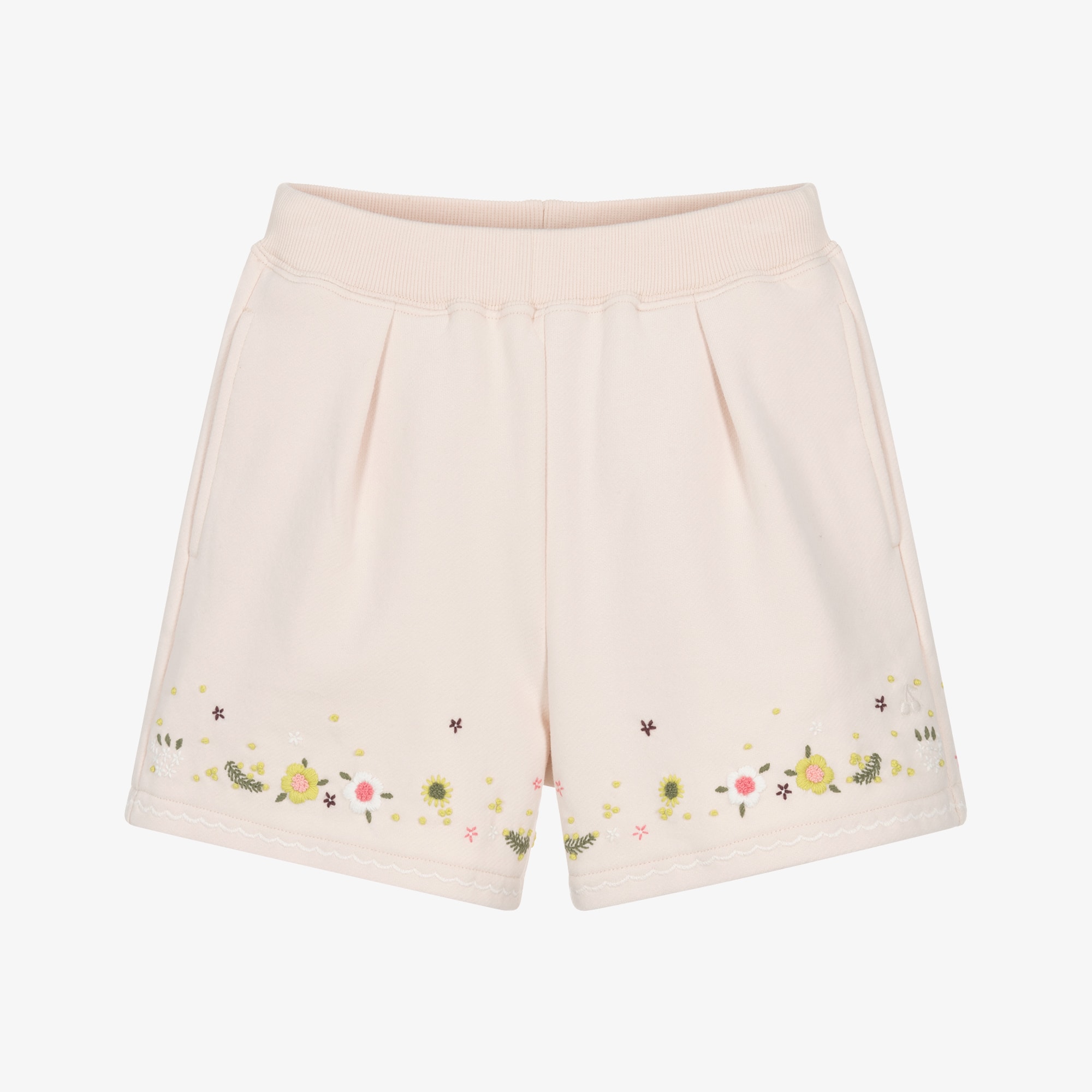 Girls Pale Pink Cotton Jersey Shorts with Floral Embroidery - View 1