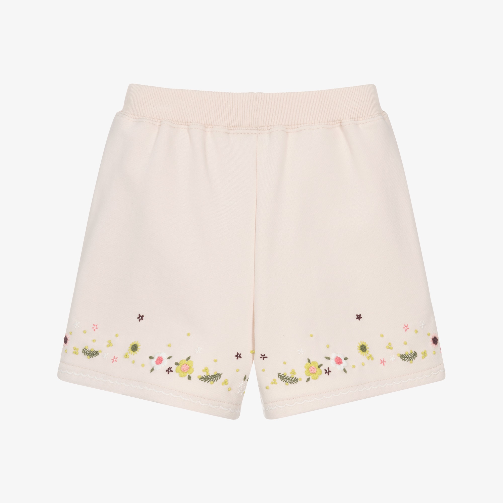 Girls Pale Pink Cotton Jersey Shorts with Floral Embroidery - View 2