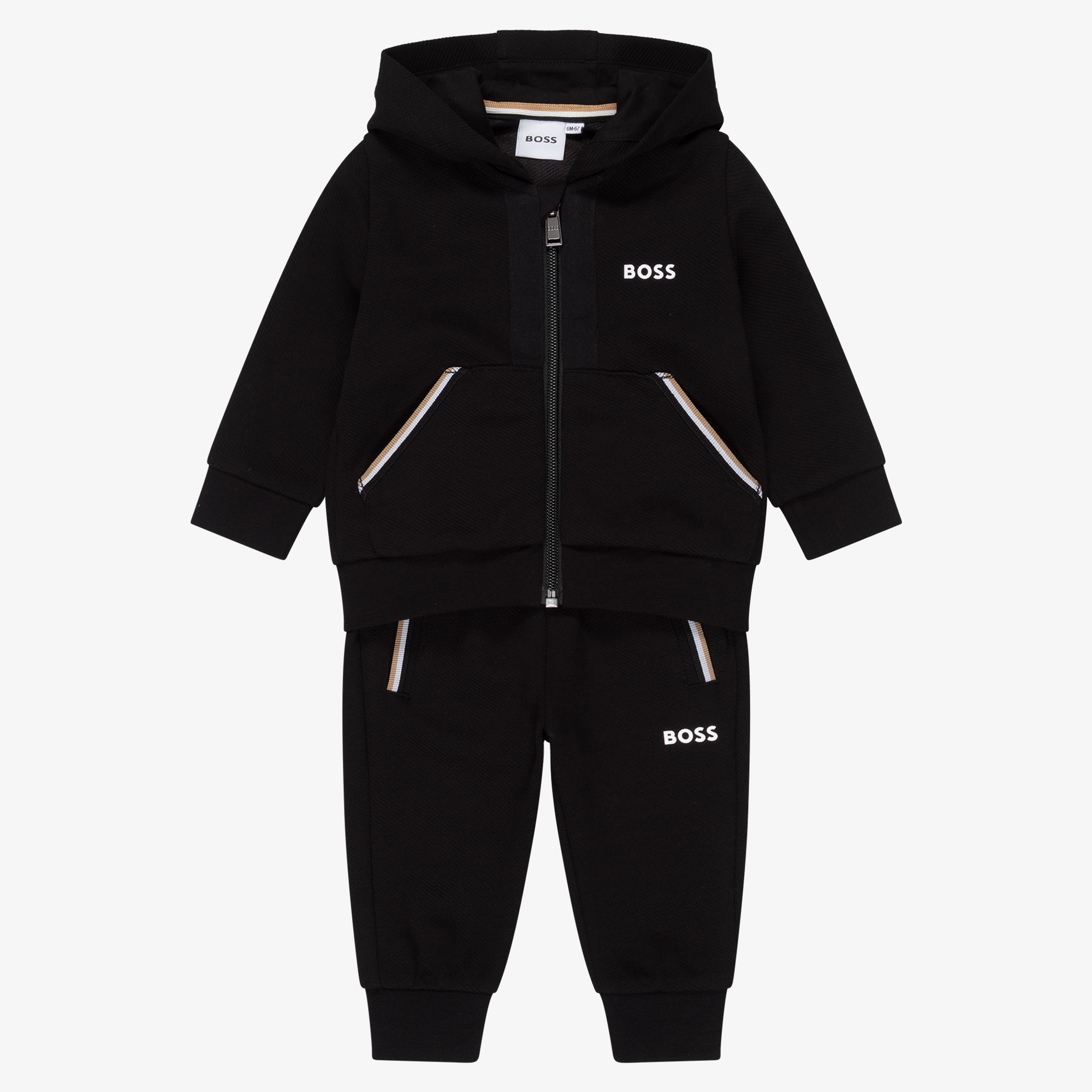 Boys Beige Jersey Tracksuit with Tricolour Trims - View 1