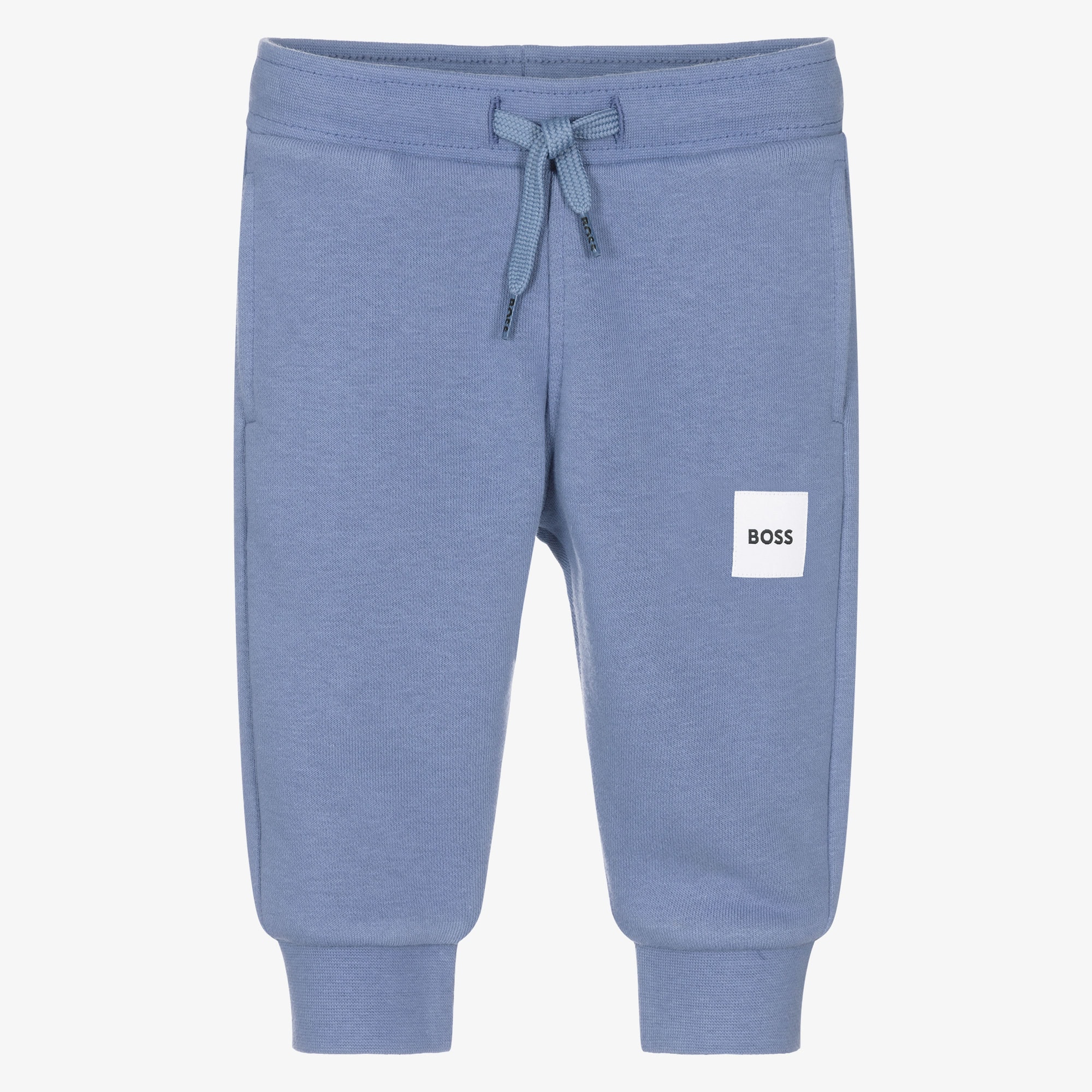 Boys Blue Cotton Jersey Joggers with White Logo Patch - View 1