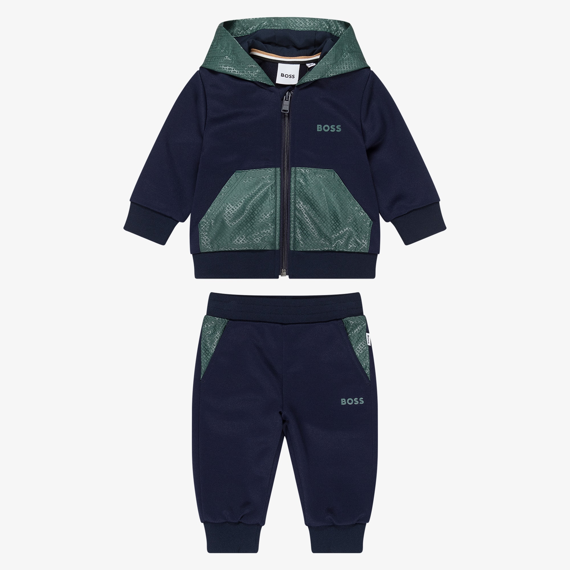Boys Navy Blue & Green Hooded Jersey Tracksuit - View 2