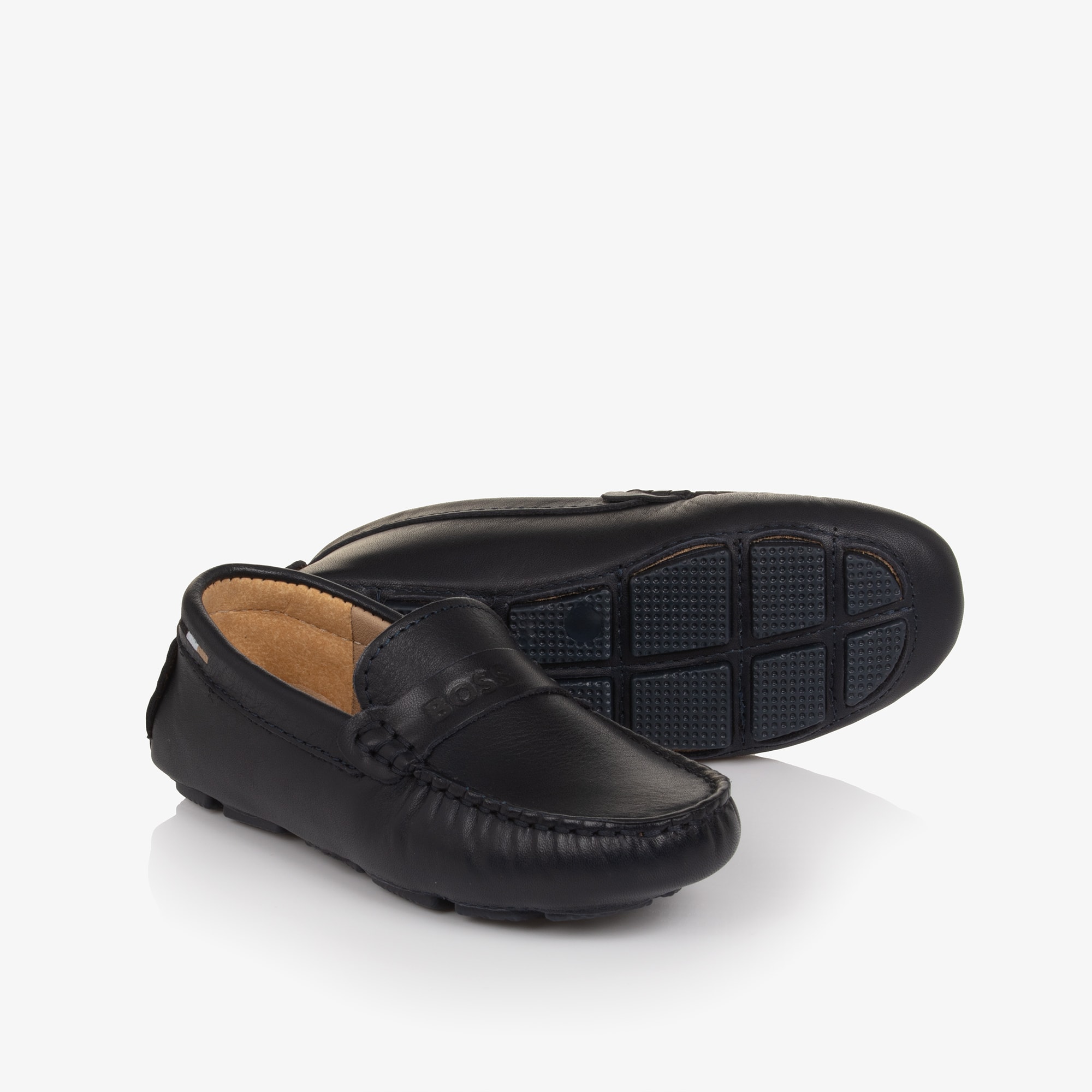 Boys Navy Blue Leather Moccasins with Logo Strap - View 1