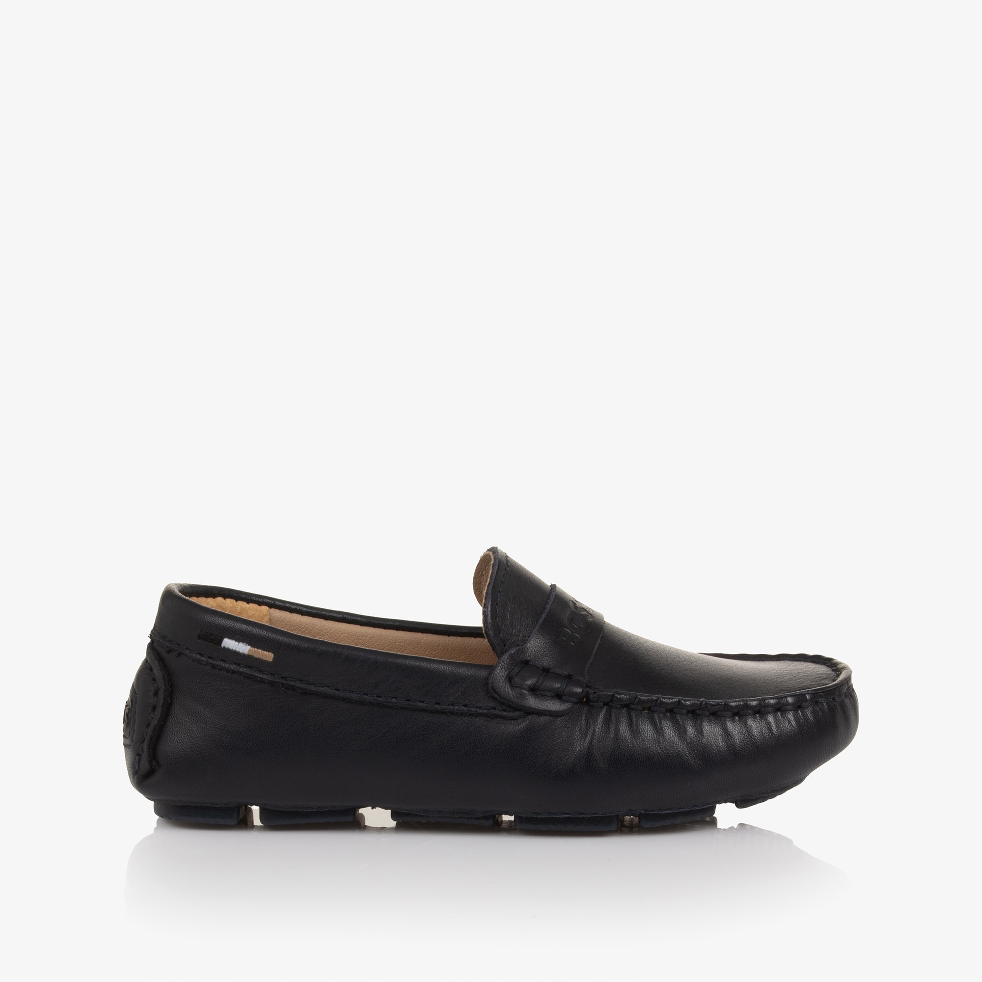 Boys Navy Blue Leather Moccasins with Logo Strap - View 4