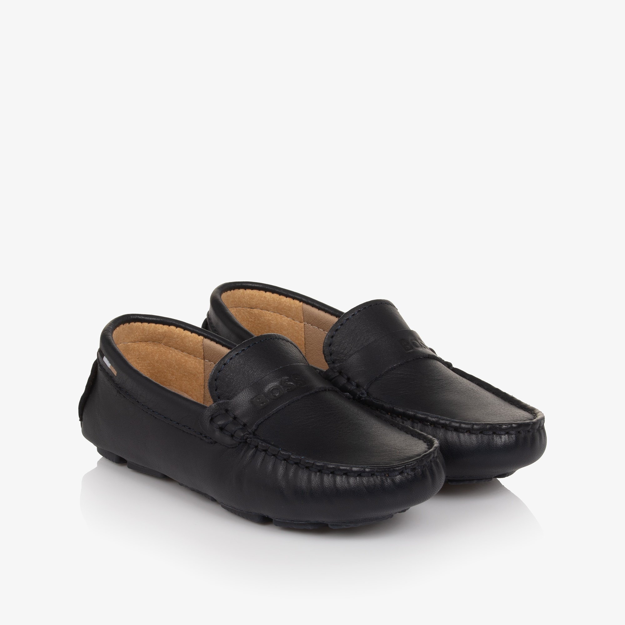 Boys Navy Blue Leather Moccasins with Logo Strap - View 5