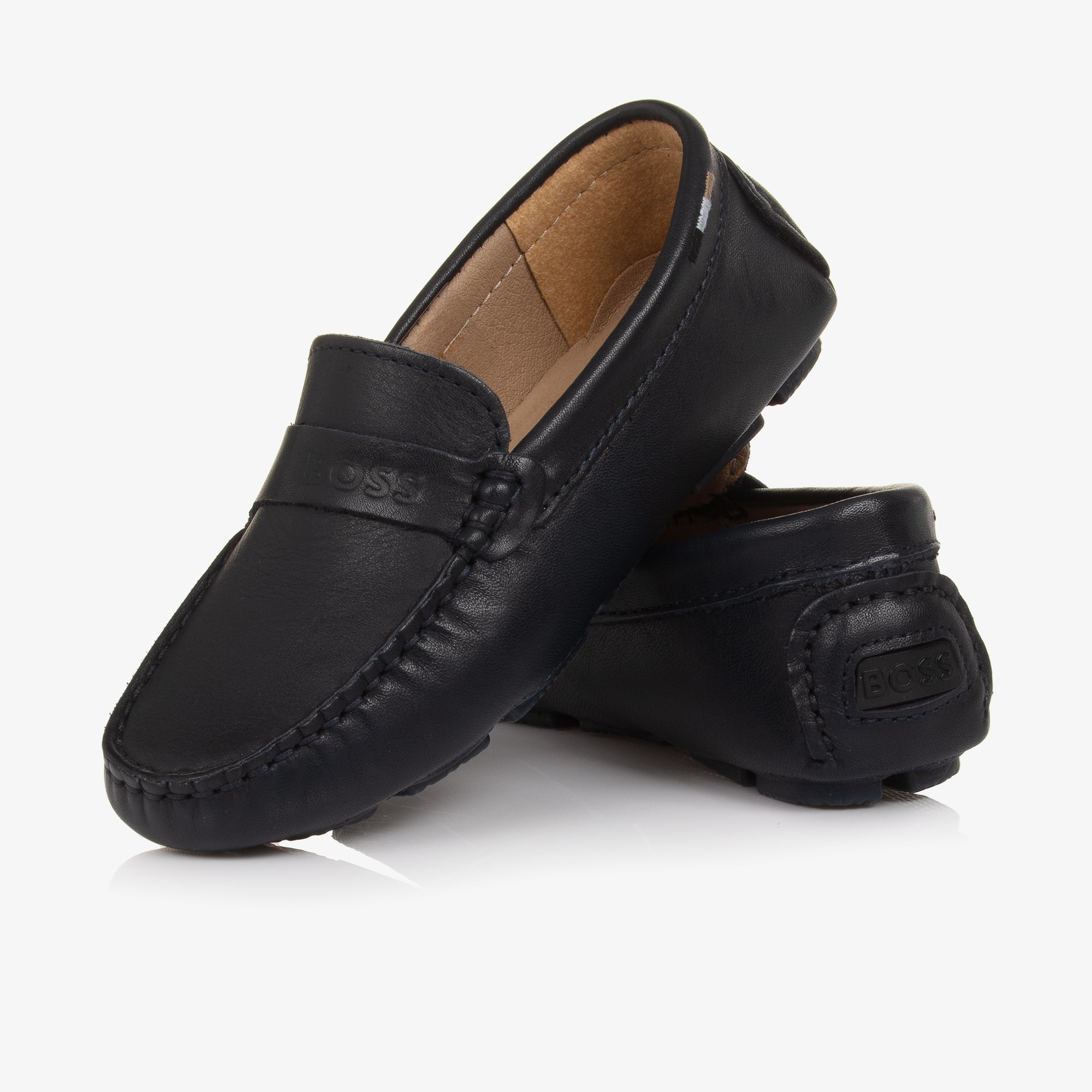 Boys Navy Blue Leather Moccasins with Logo Strap - View 6