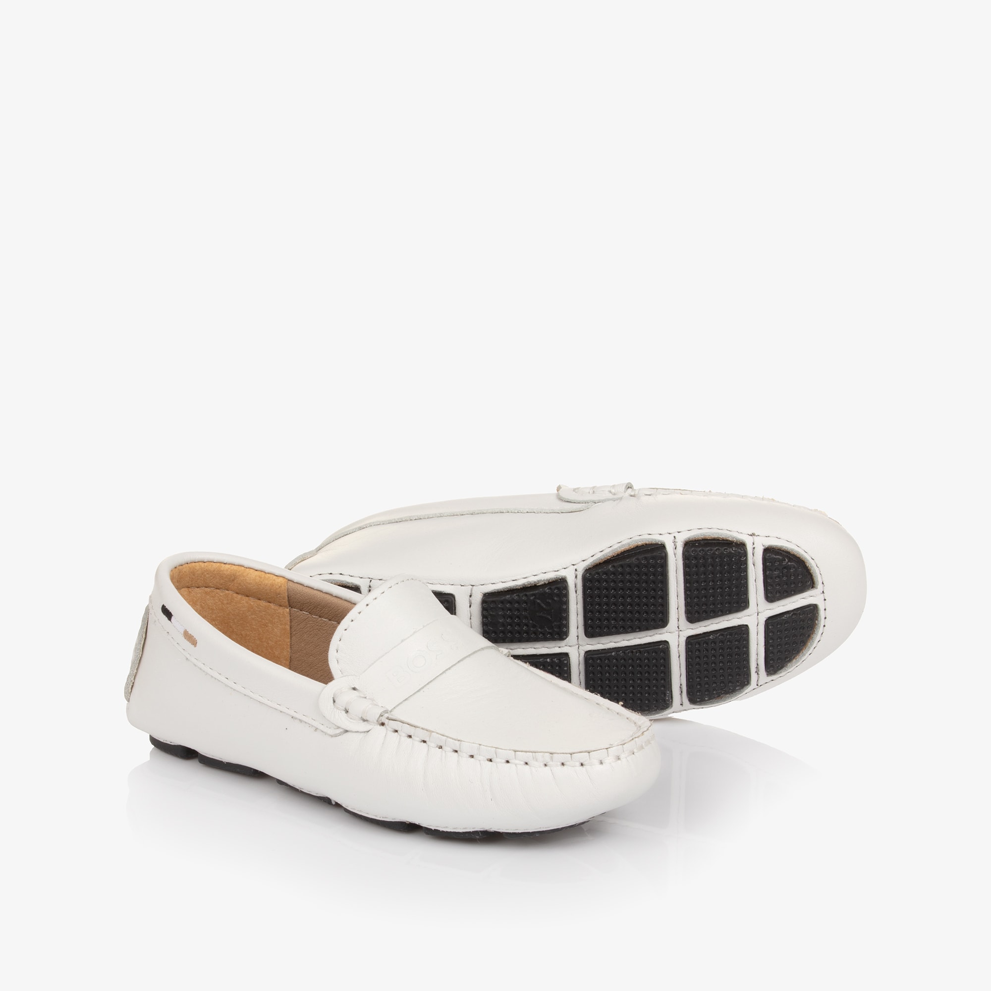 Boys White Leather Moccasins with Logo Strap - View 1