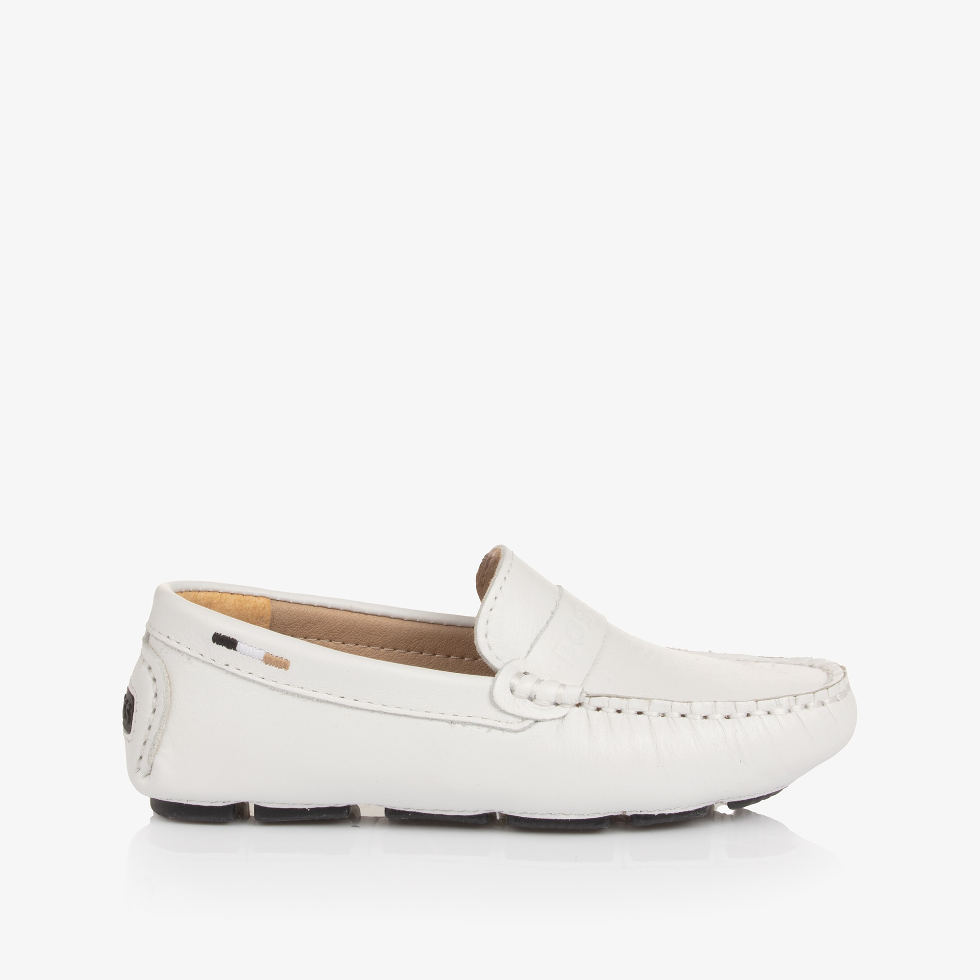 Boys White Leather Moccasins with Logo Strap - View 5