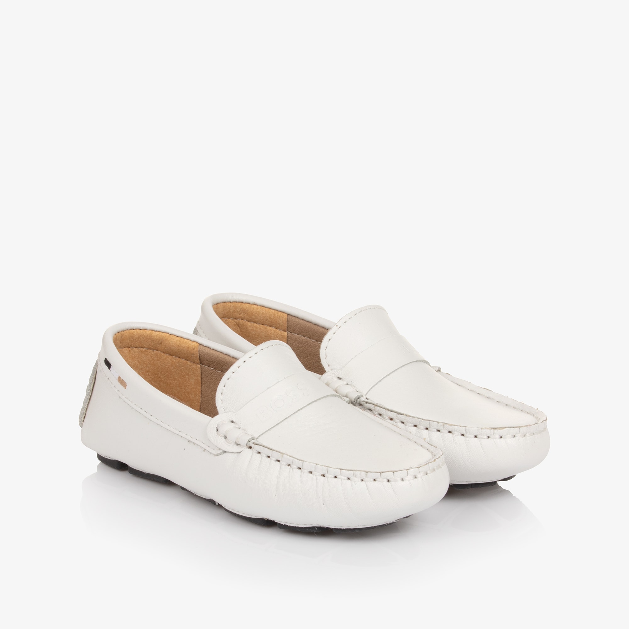 Boys White Leather Moccasins with Logo Strap - View 6